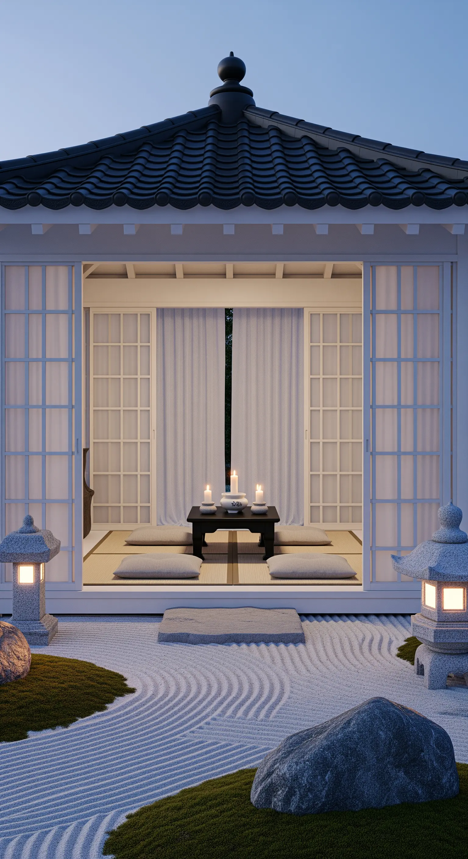 Padiglione in stile giapponese con giardino zen, sedute basse e lanterne di pietra.