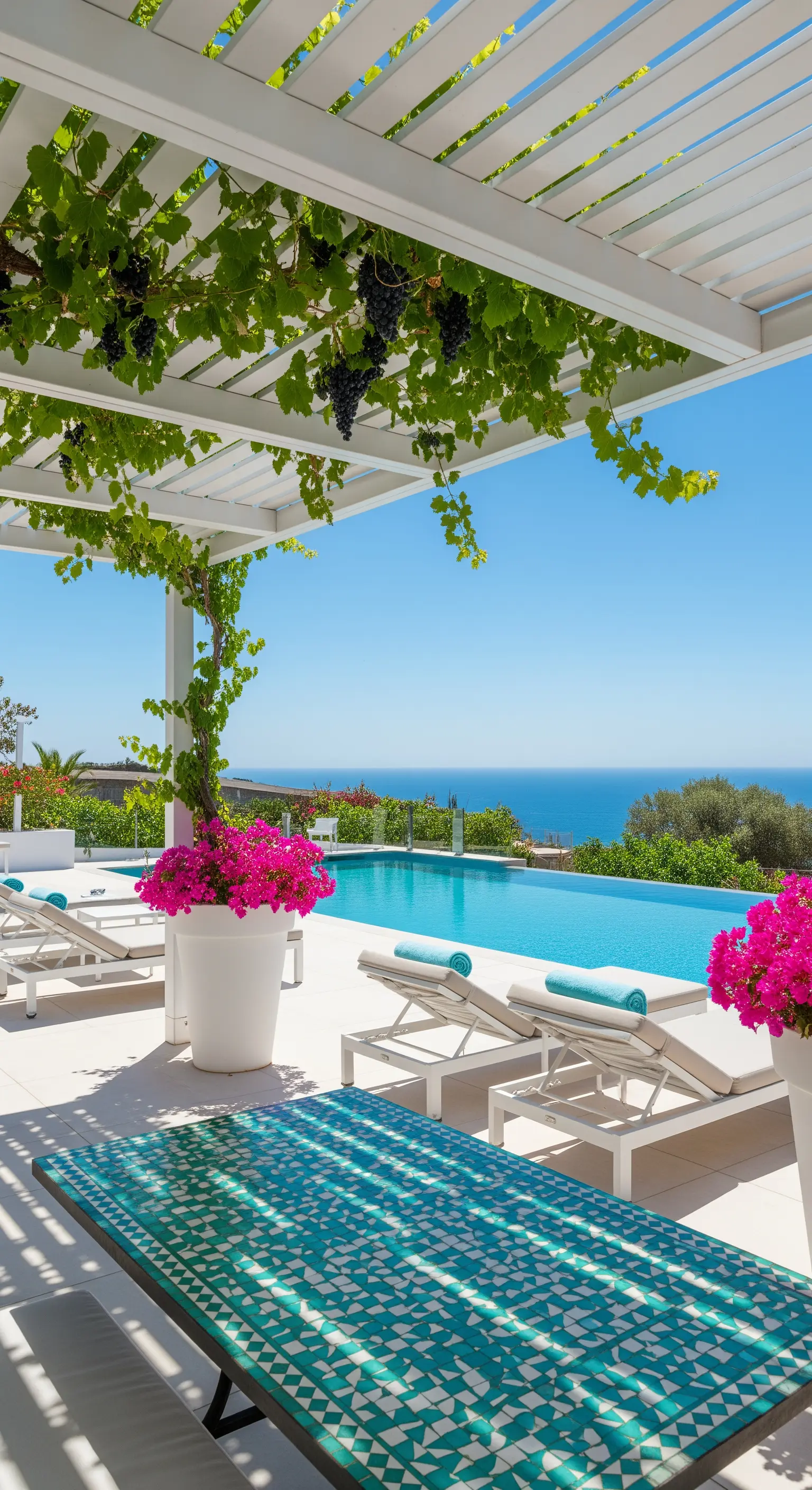 Piscina moderna con pergola bianca, lettini e tavolo in mosaico turchese.