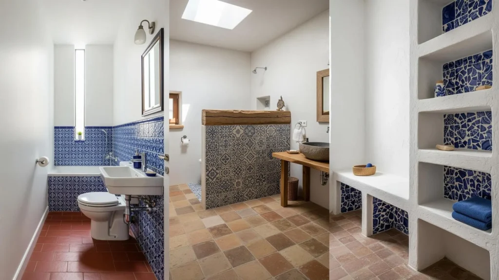 Bagni in stile mediterraneo con maioliche blu, pareti bianche e tocchi in terracotta per un'atmosfera serena.