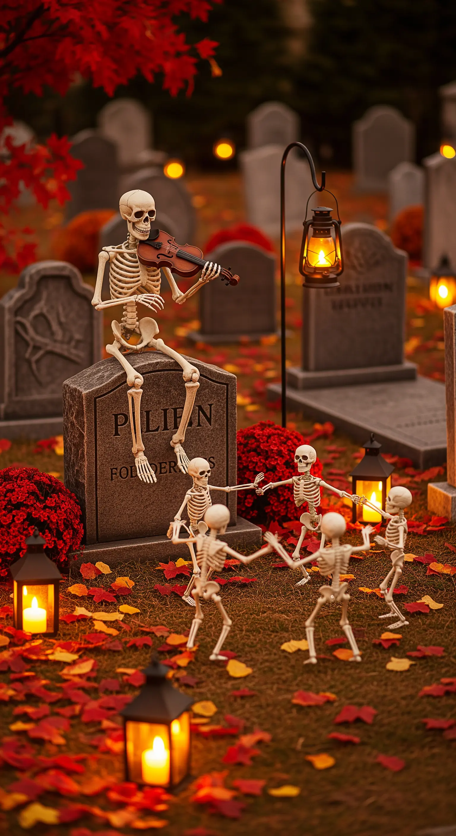 Uno scheletro suona il violino mentre piccoli scheletri danzano tra foglie autunnali e lanterne.