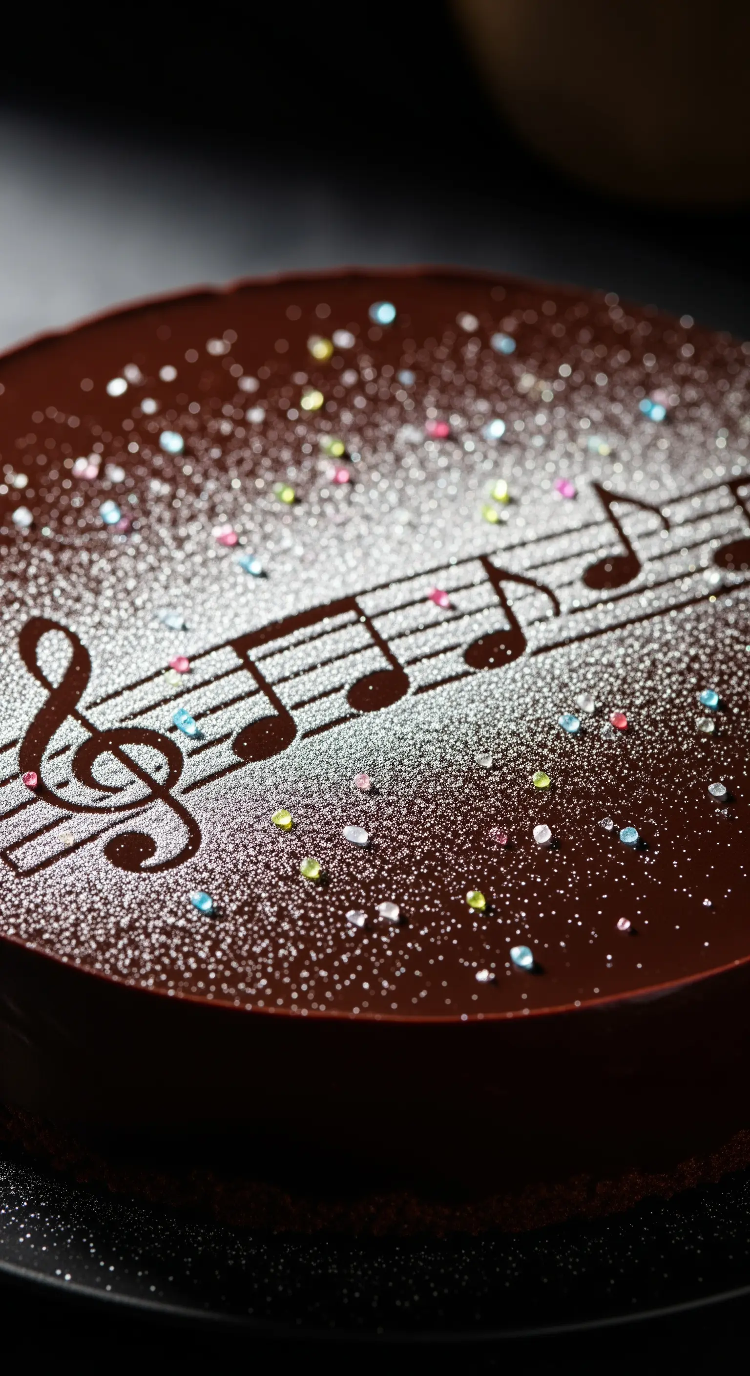 Torta al cioccolato decorata con un pentagramma e note musicali in zucchero a velo.