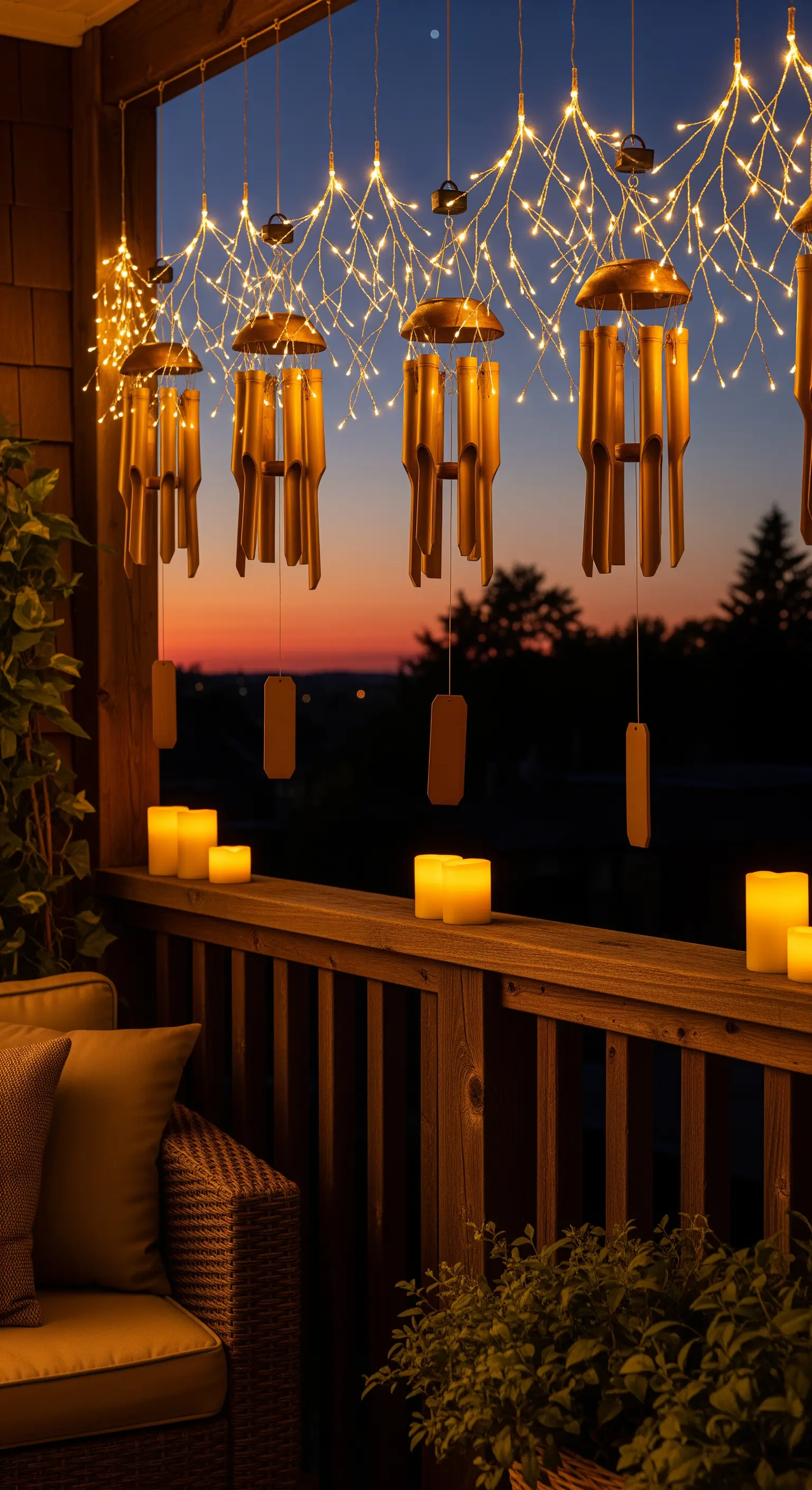 Scacciapensieri luminosi a energia solare appesi a un portico al tramonto, con candele sulla ringhiera