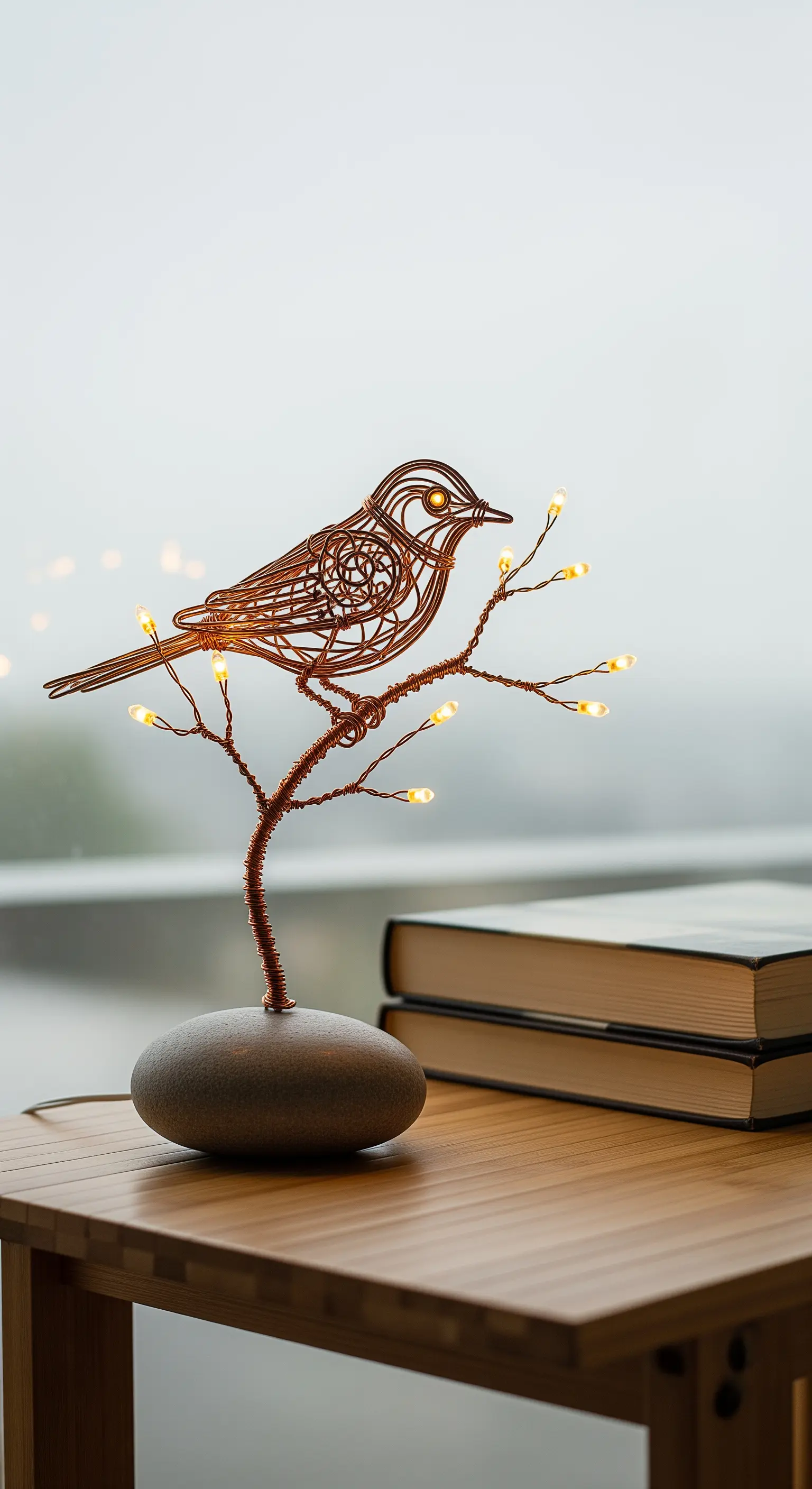 Uccellino in filo di rame appollaiato su un ramo illuminato, con base in pietra levigata.