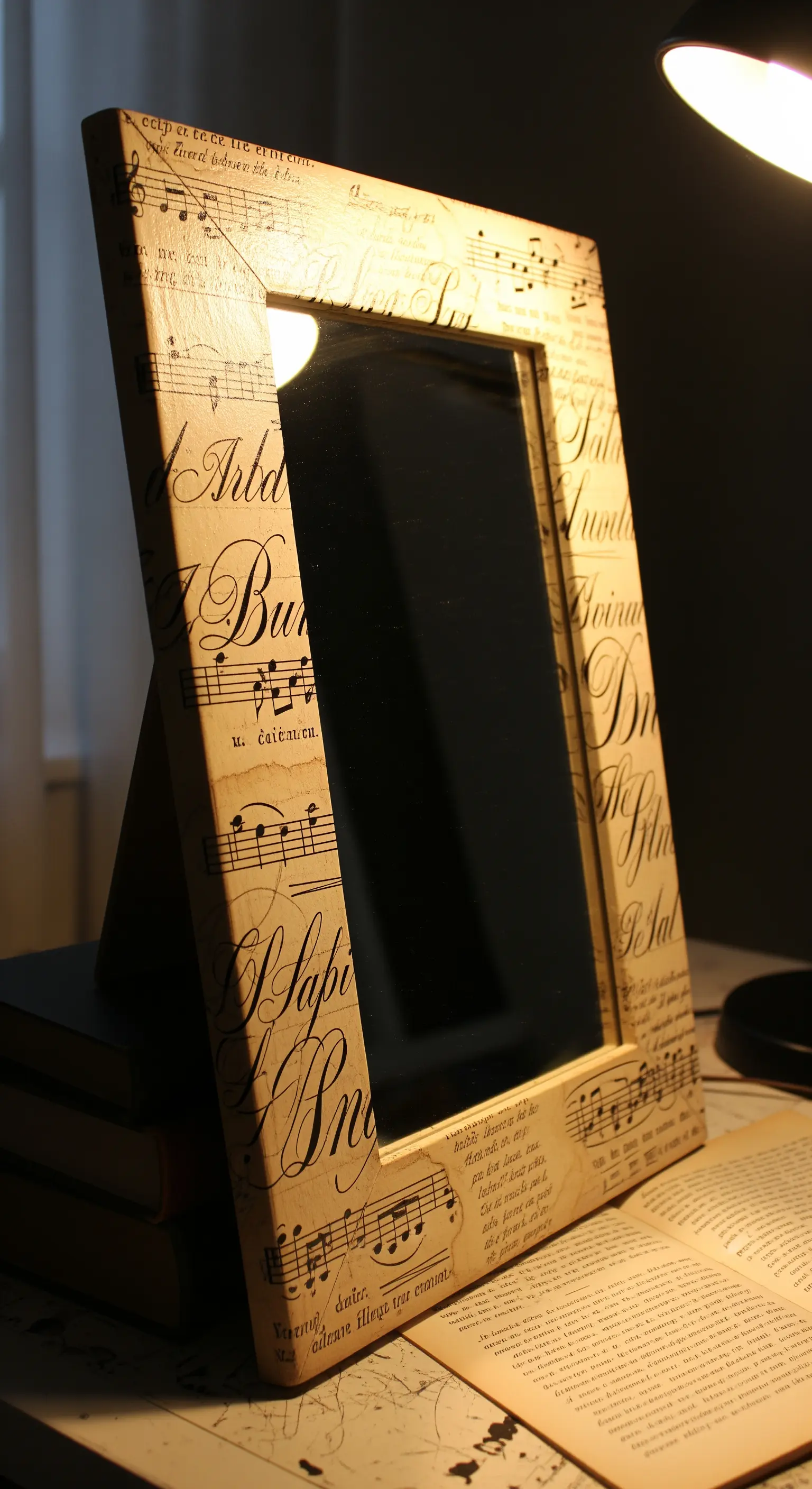 Specchio da tavolo con cornice decorata in decoupage usando pagine di spartiti musicali ingialliti.