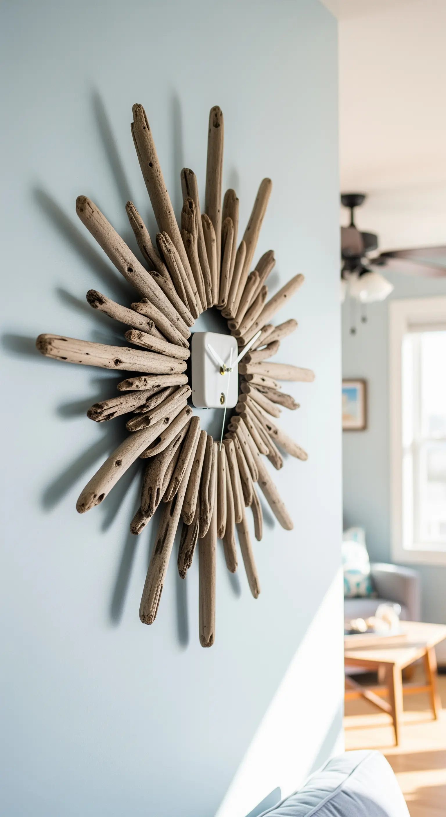 Orologio da parete a raggiera creato con legni levigati dal mare, in stile coastal.