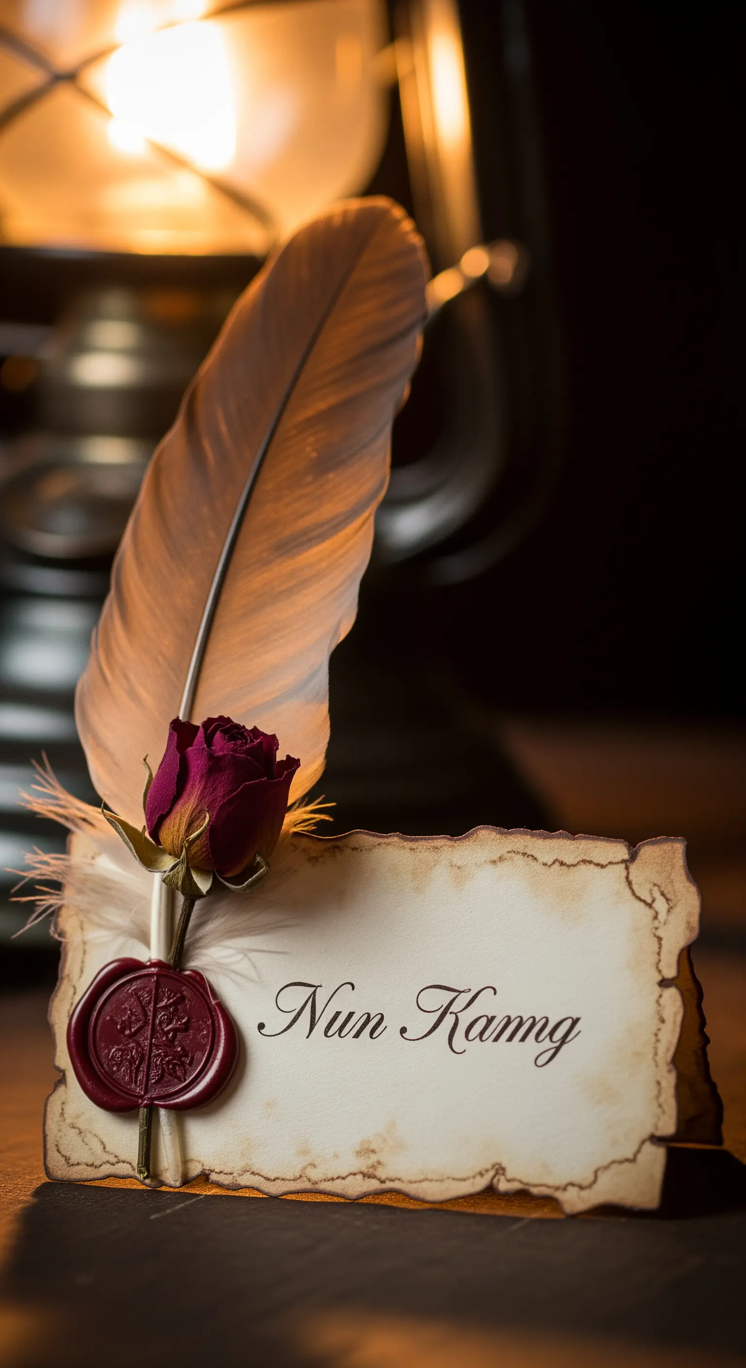 Segnaposto in stile pergamena con piuma, rosa secca e sigillo di ceralacca.