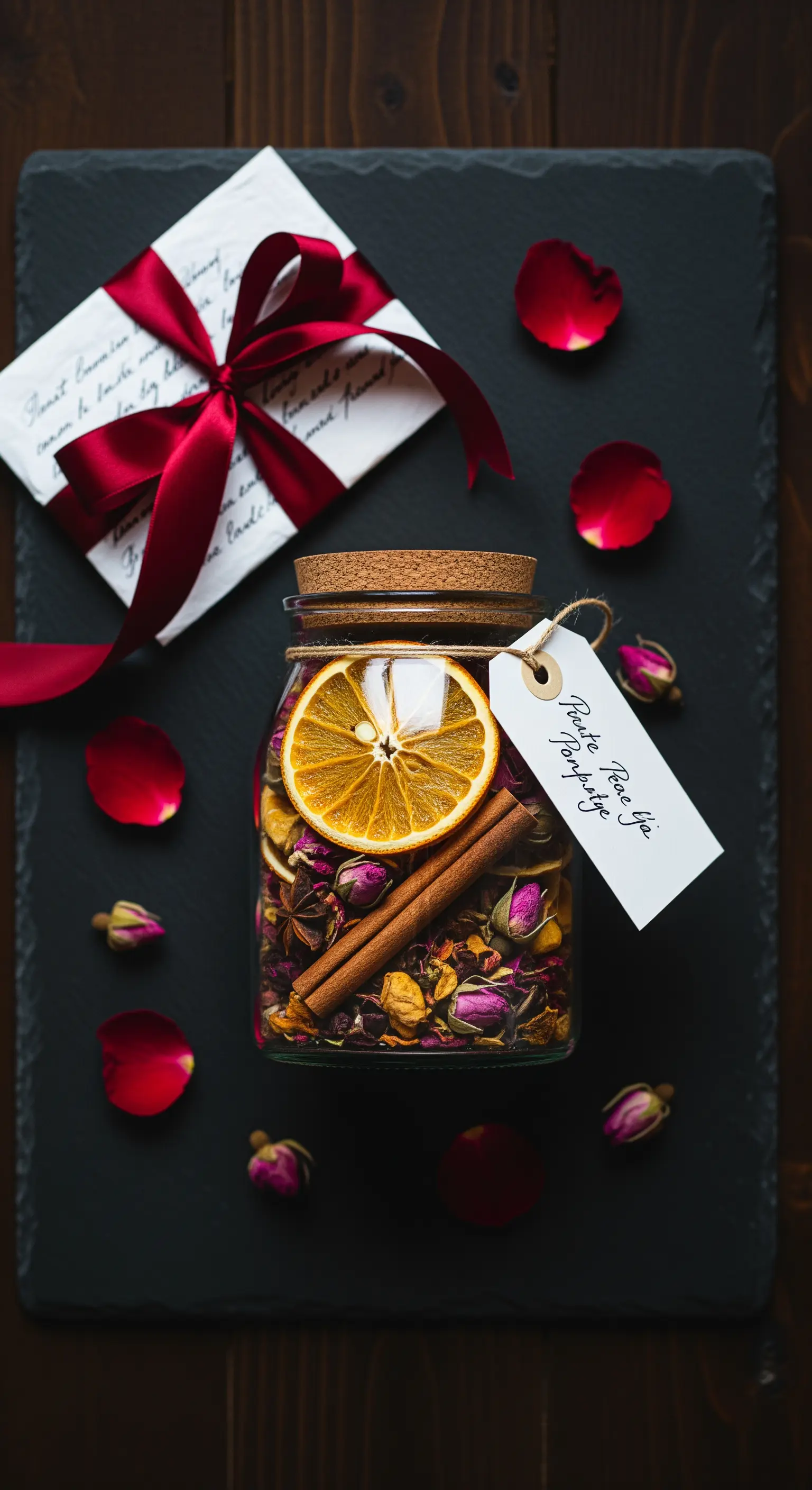 Vaso di vetro con pot-pourri di fiori secchi, arancia e cannella, con un nastro rosso.
