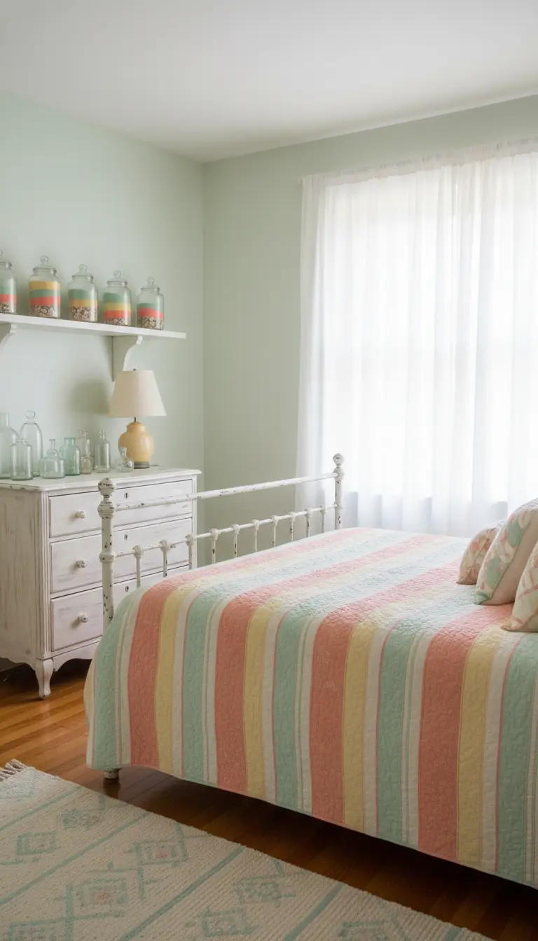 Comò e letto vintage con mensola su cui sono allineati barattoli di vetro con sabbie colorate.