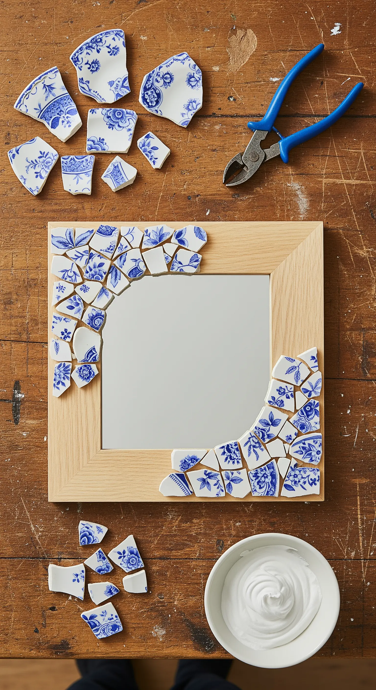 Creazione di un mosaico su una cornice di legno con frammenti di porcellana bianca e blu.