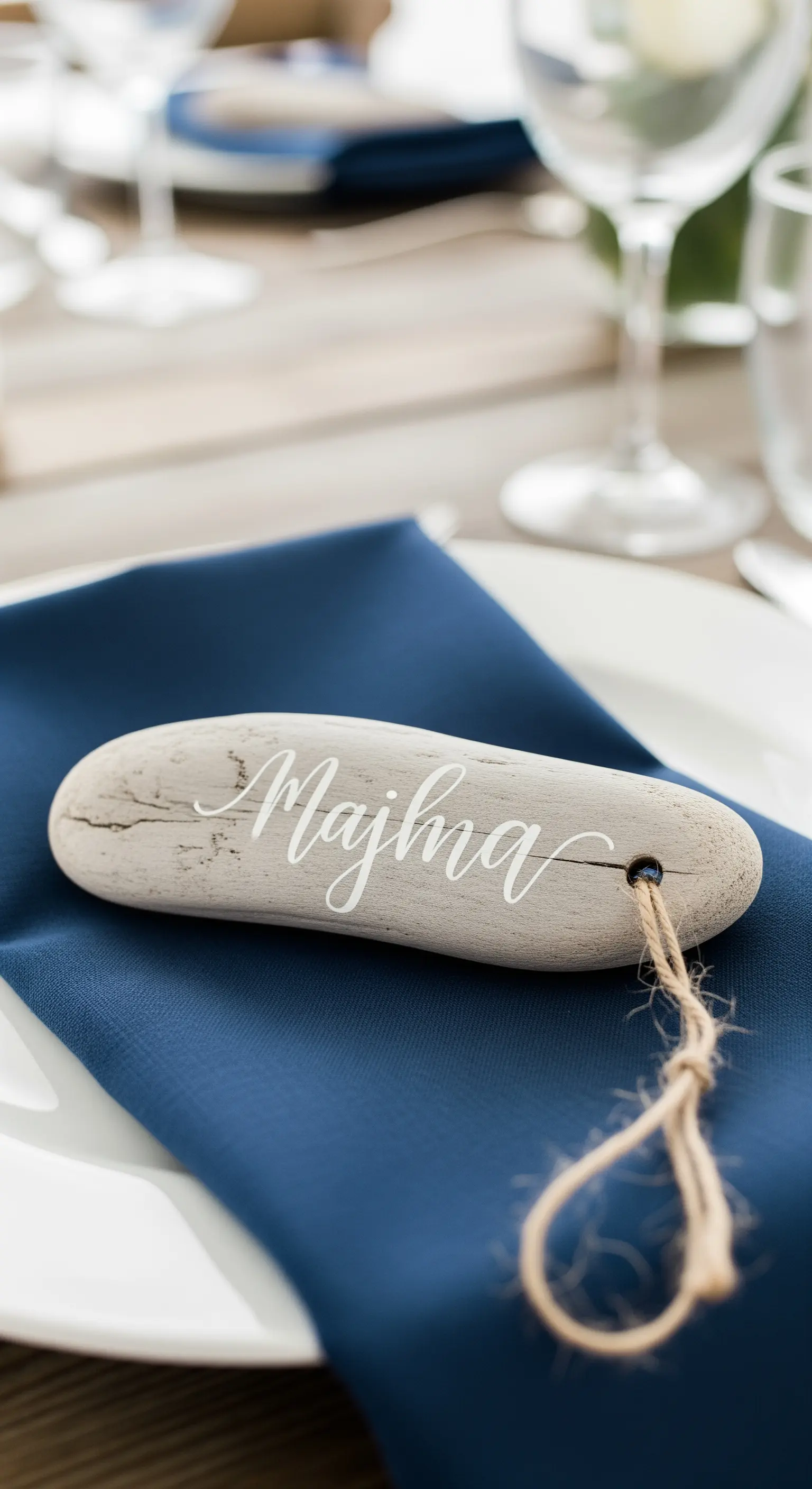 Legno di mare levigato usato come segnaposto con nome scritto a mano, su un tovagliolo blu.