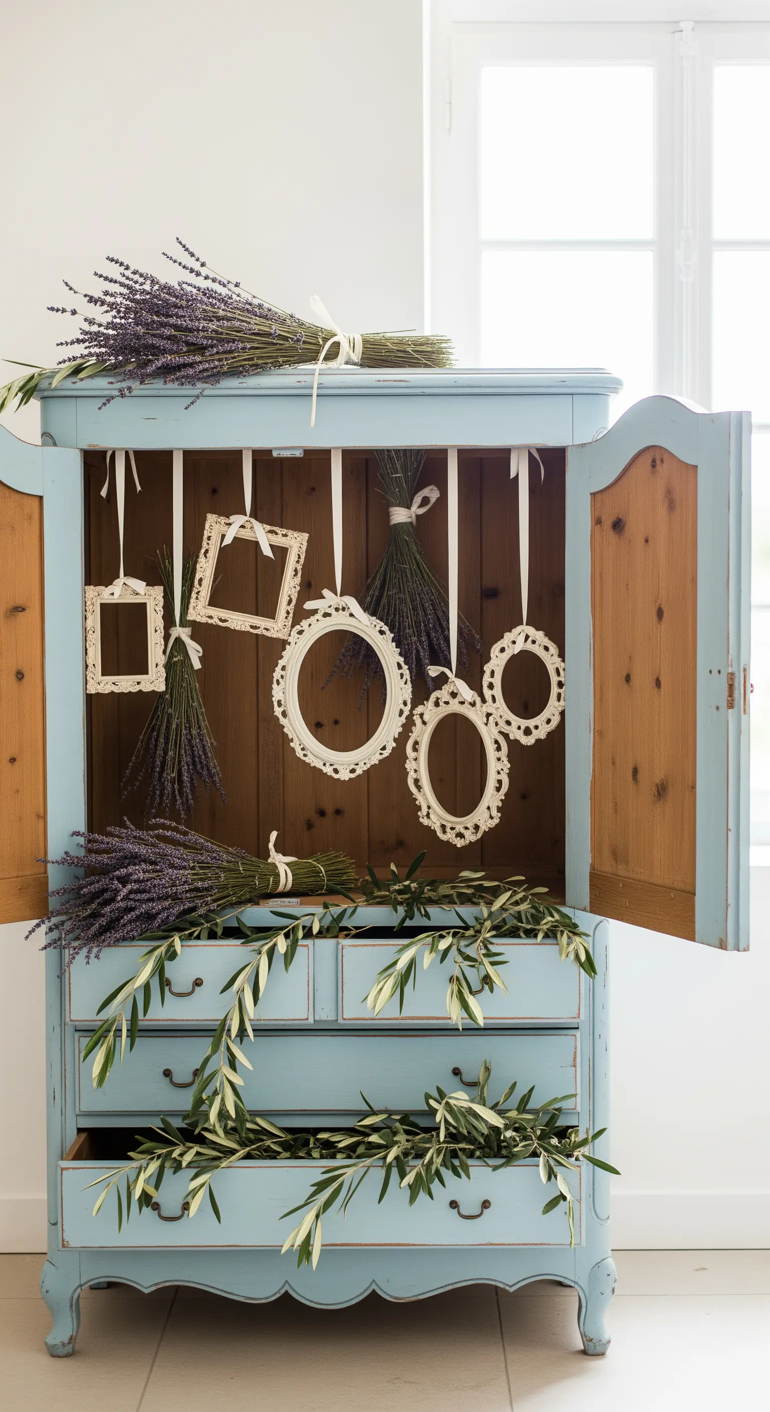 Vecchia credenza azzurra decorata con cornici bianche vuote, lavanda e rami d'ulivo.