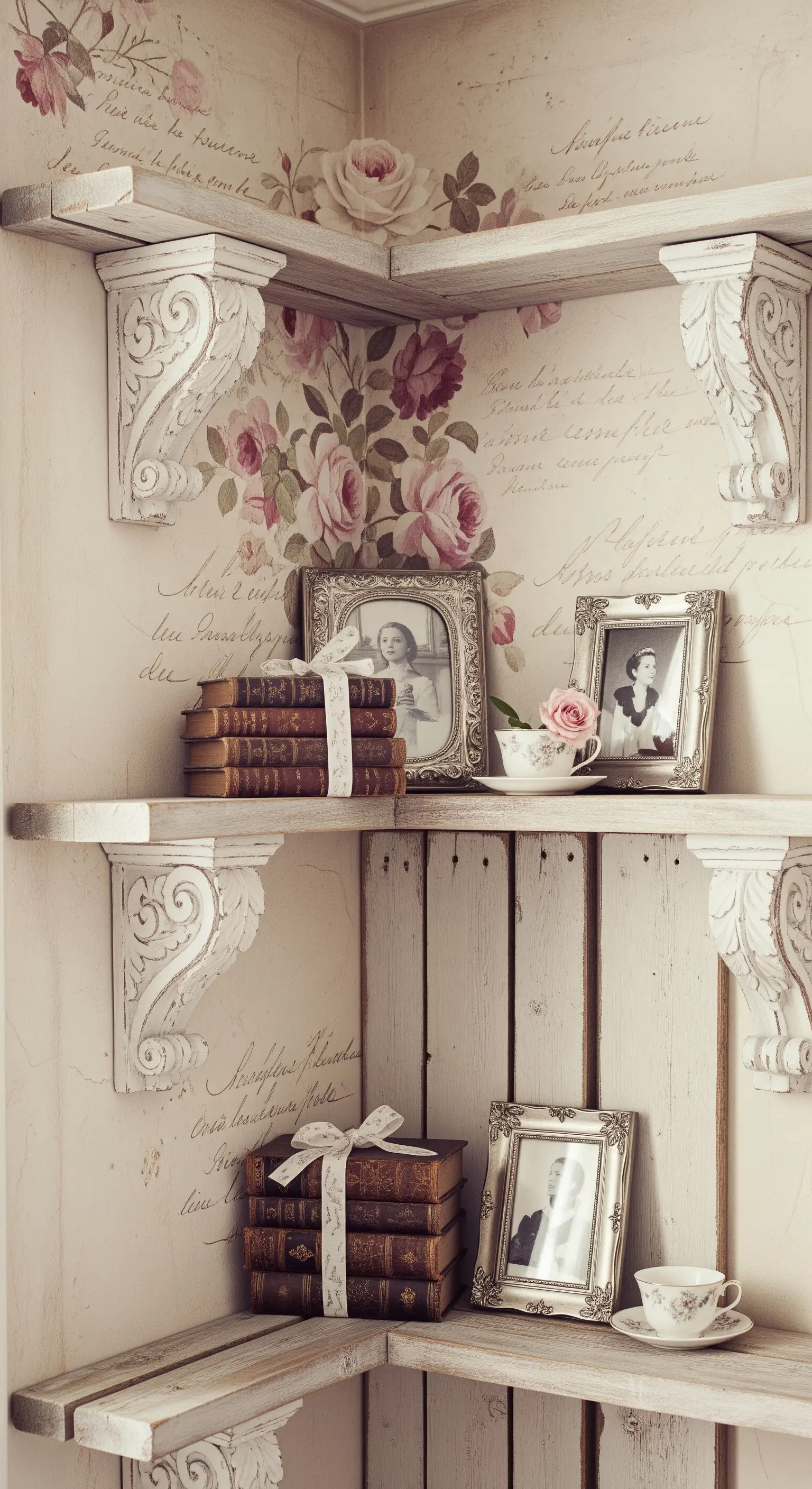 Mensole bianche decapate con staffe intagliate su una carta da parati vintage con rose e scritte.