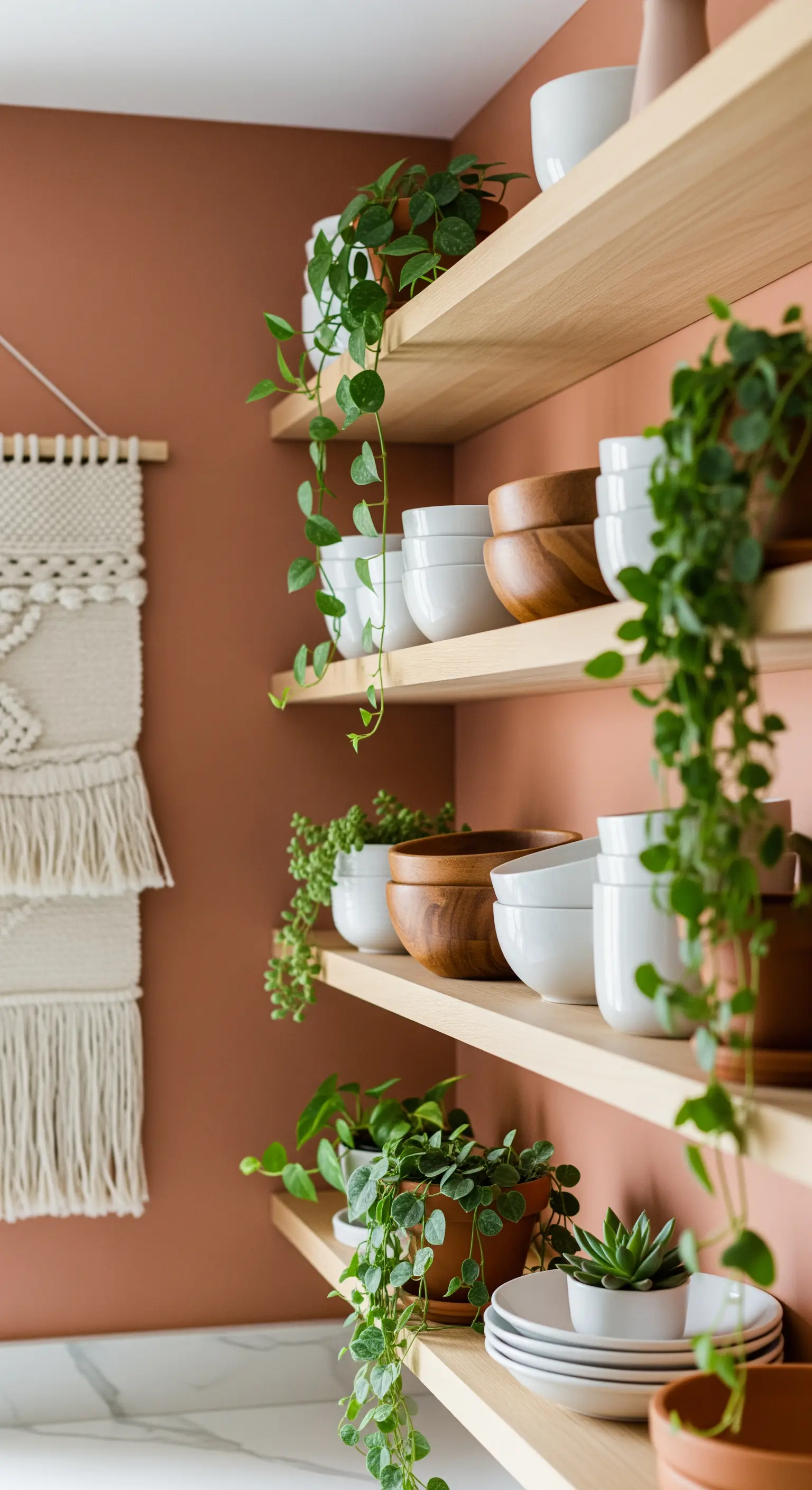 Mensole in legno chiaro su parete terracotta, con stoviglie bianche e piante rampicanti.