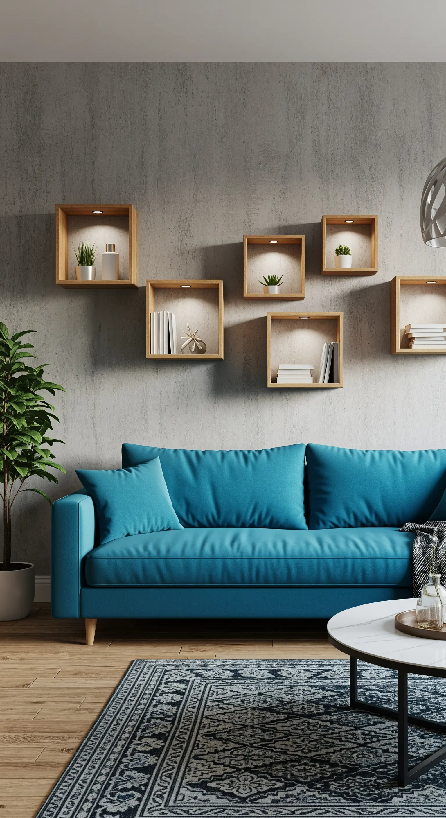 Parete grigia con mensole a cubo in legno, illuminate internamente da piccoli LED.