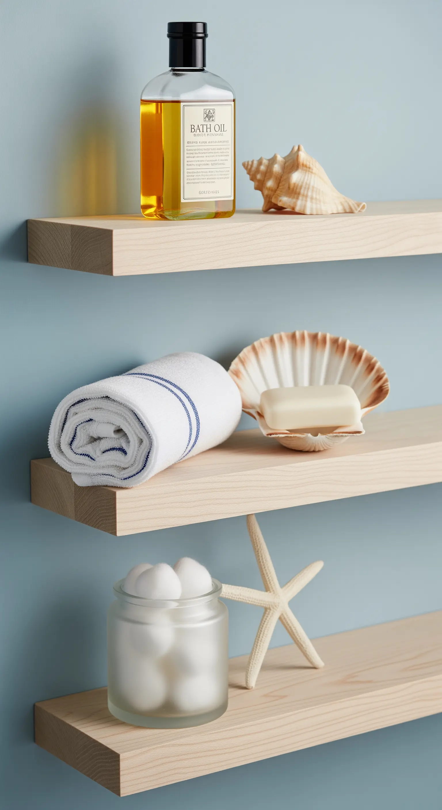 Mensole flottanti in legno chiaro con asciugamano arrotolato, sapone su conchiglia e stella marina.