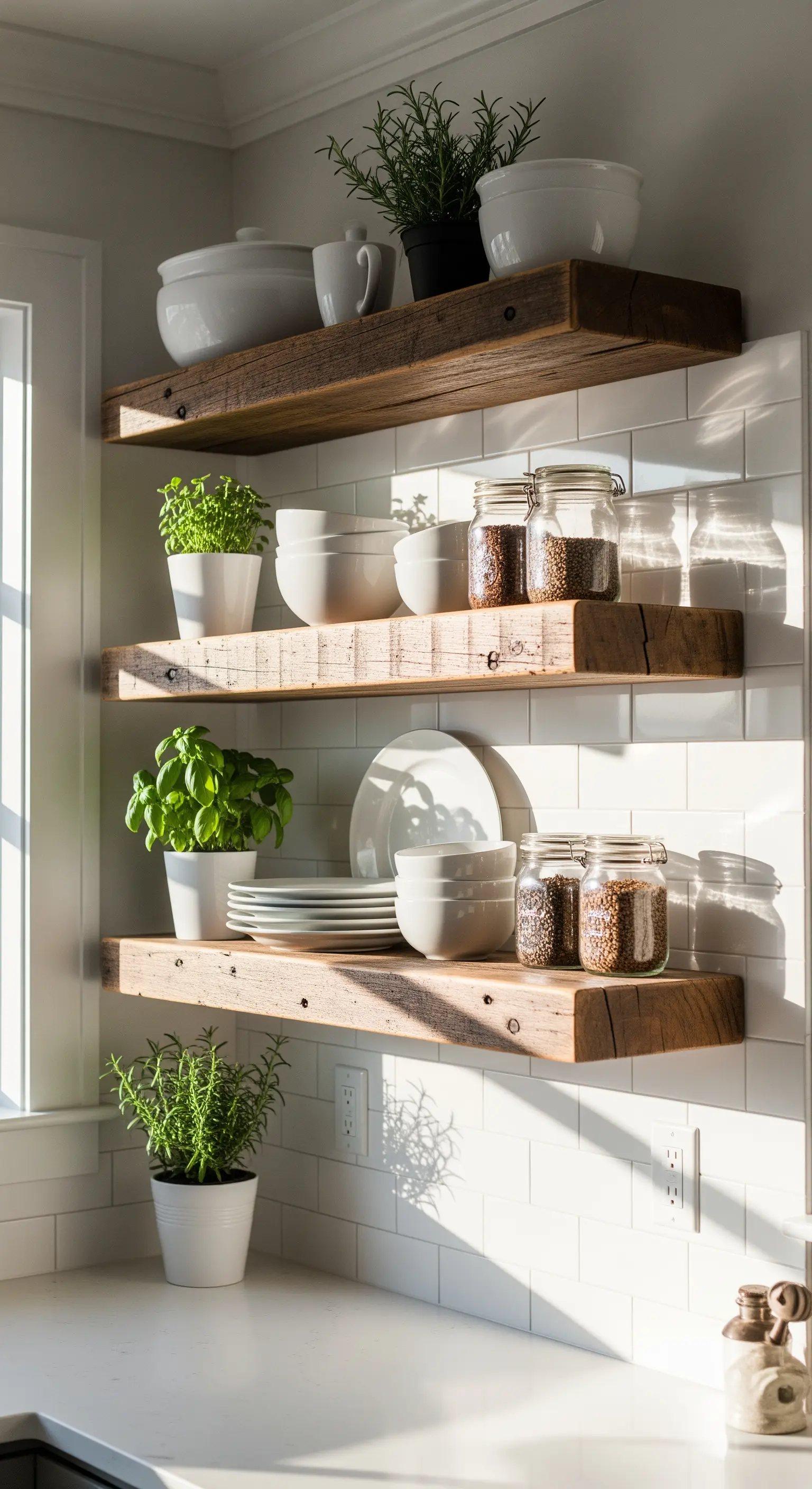 Mensole flottanti in legno di recupero su una parete di piastrelle bianche, con stoviglie e piante.