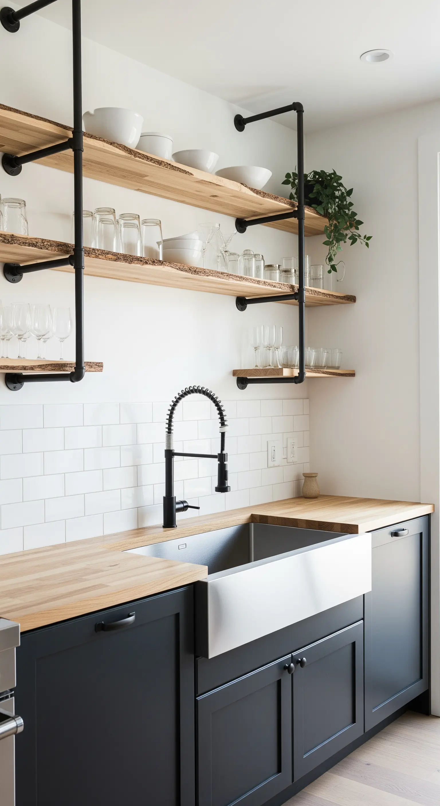 Cucina con mensole in legno grezzo supportate da tubi idraulici neri e lavello farmhouse.