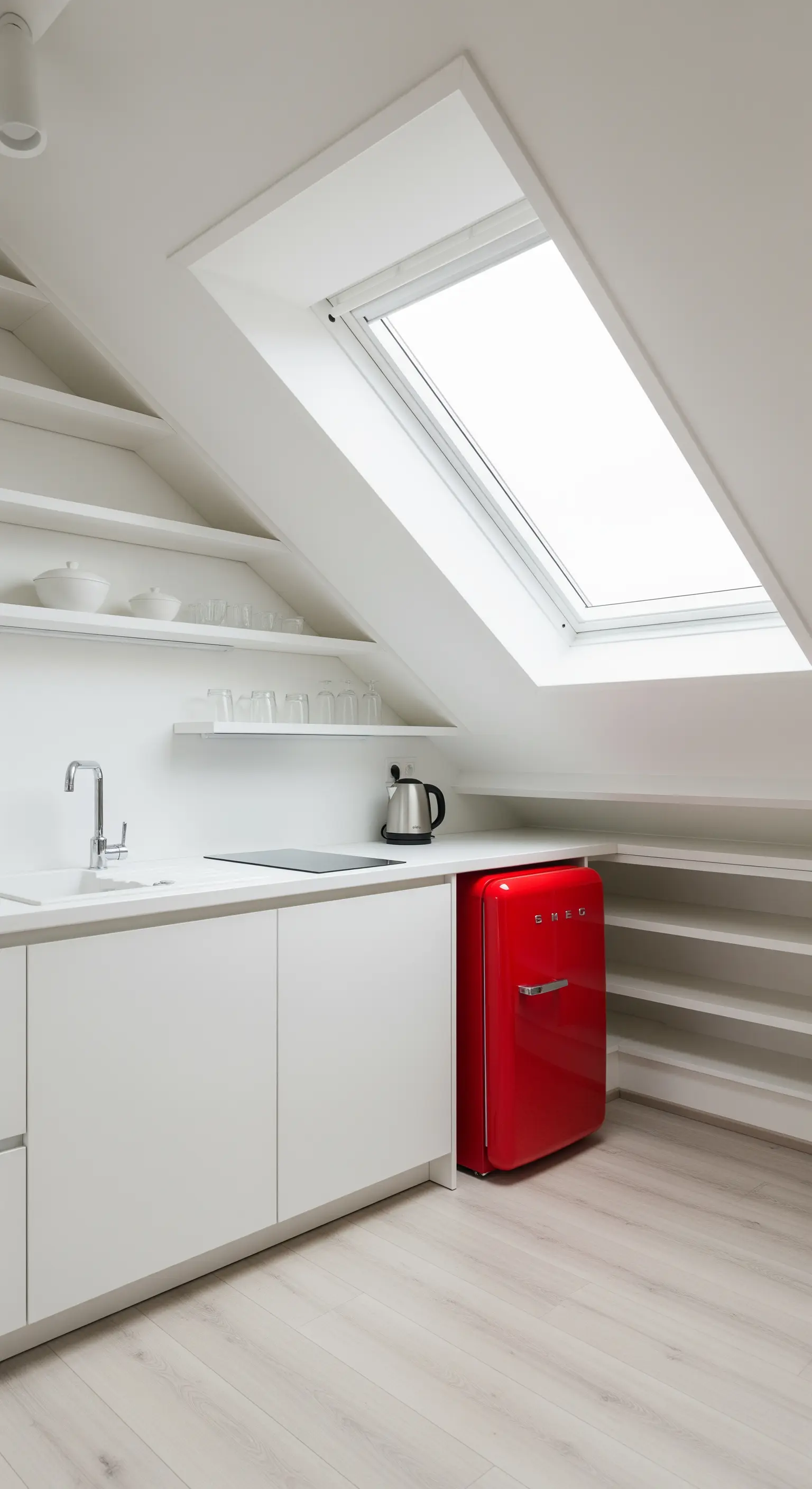 Cucina mansardata bianca con mensole su misura che seguono l'inclinazione del tetto.