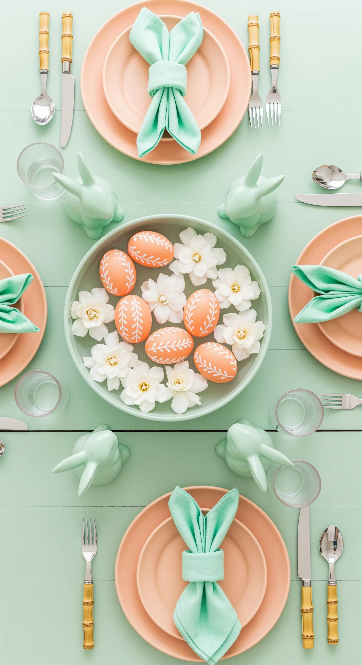 Tavola pasquale vista dall'alto con piatti corallo, tovaglioli menta e uova decorate