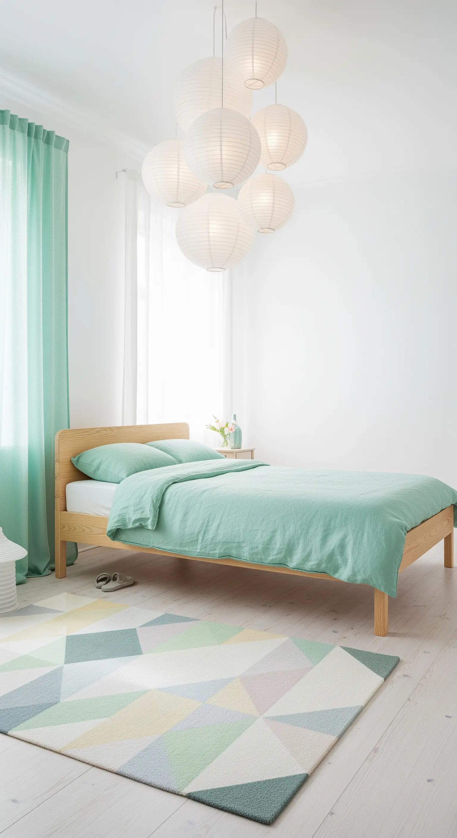 Camera da letto scandinava con lenzuola verde menta e lampadario di lanterne di carta.