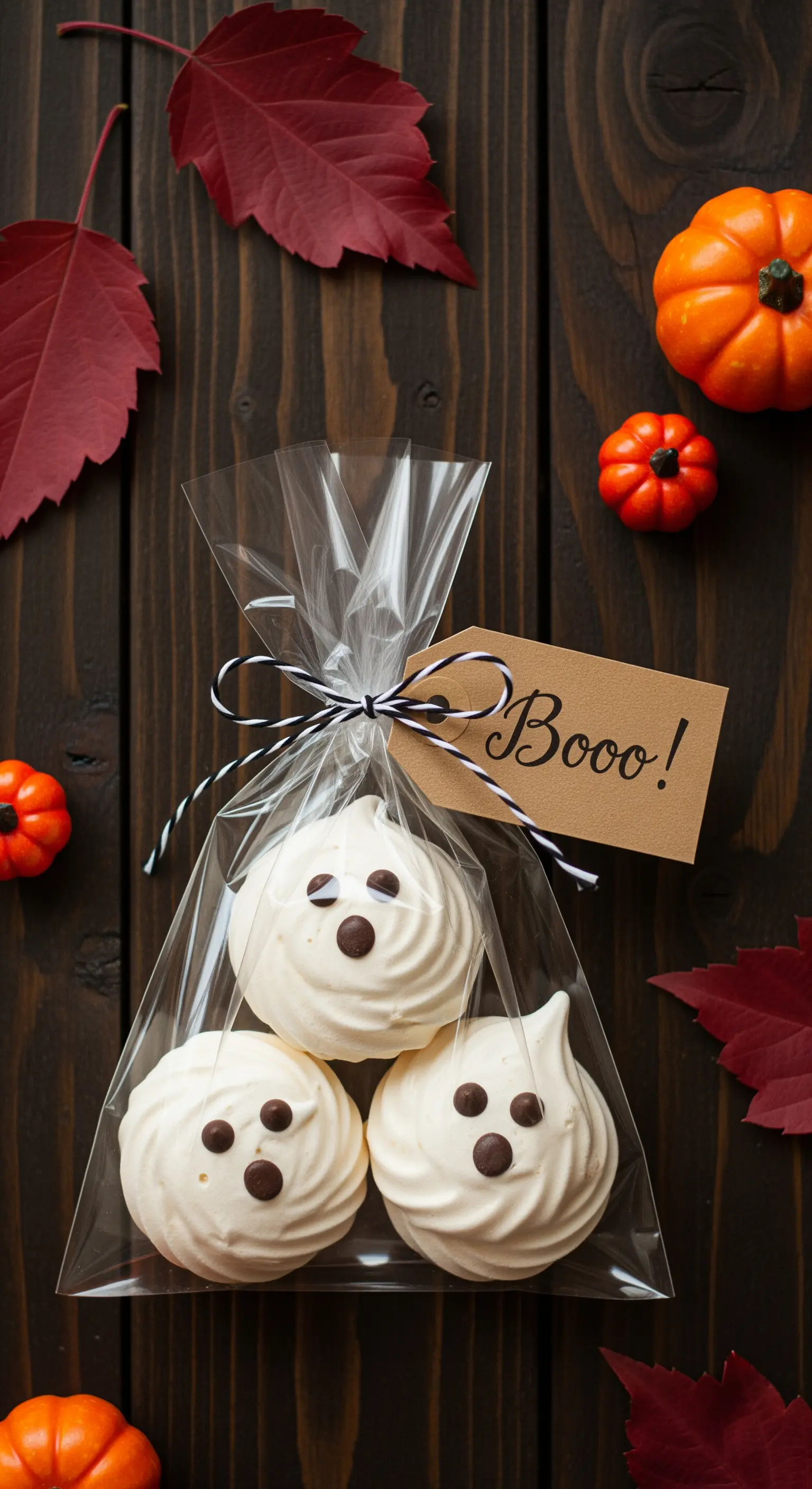 Meringhe a forma di fantasma in un sacchetto trasparente con etichetta 