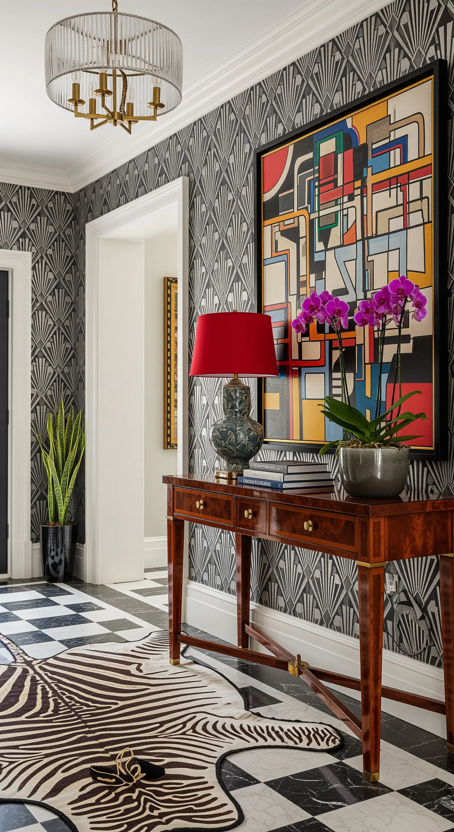 Ingresso Art Déco con carta da parati a ventagli, quadro astratto colorato e tappeto zebrato.