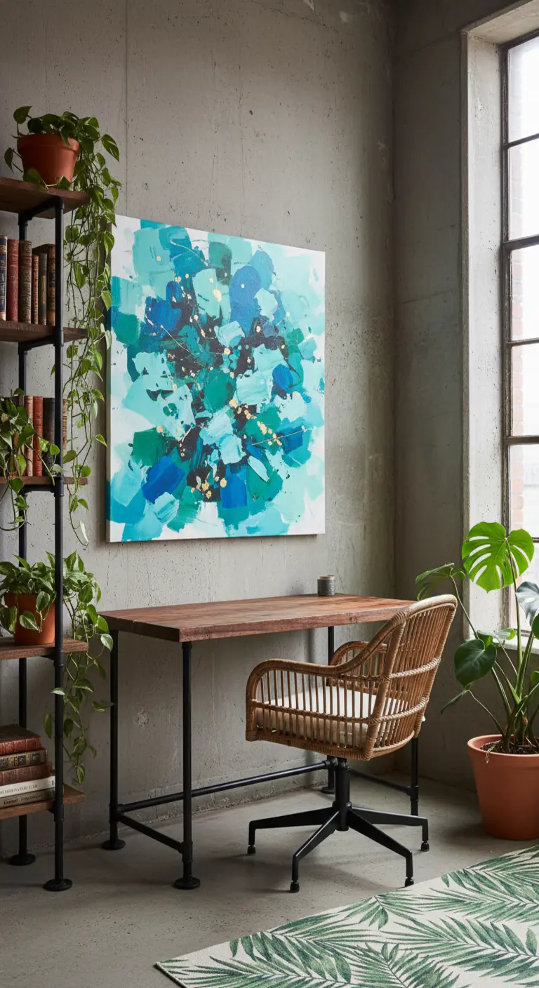 Ufficio in stile industriale con pareti di cemento, scrivania in metallo e sedia in rattan.