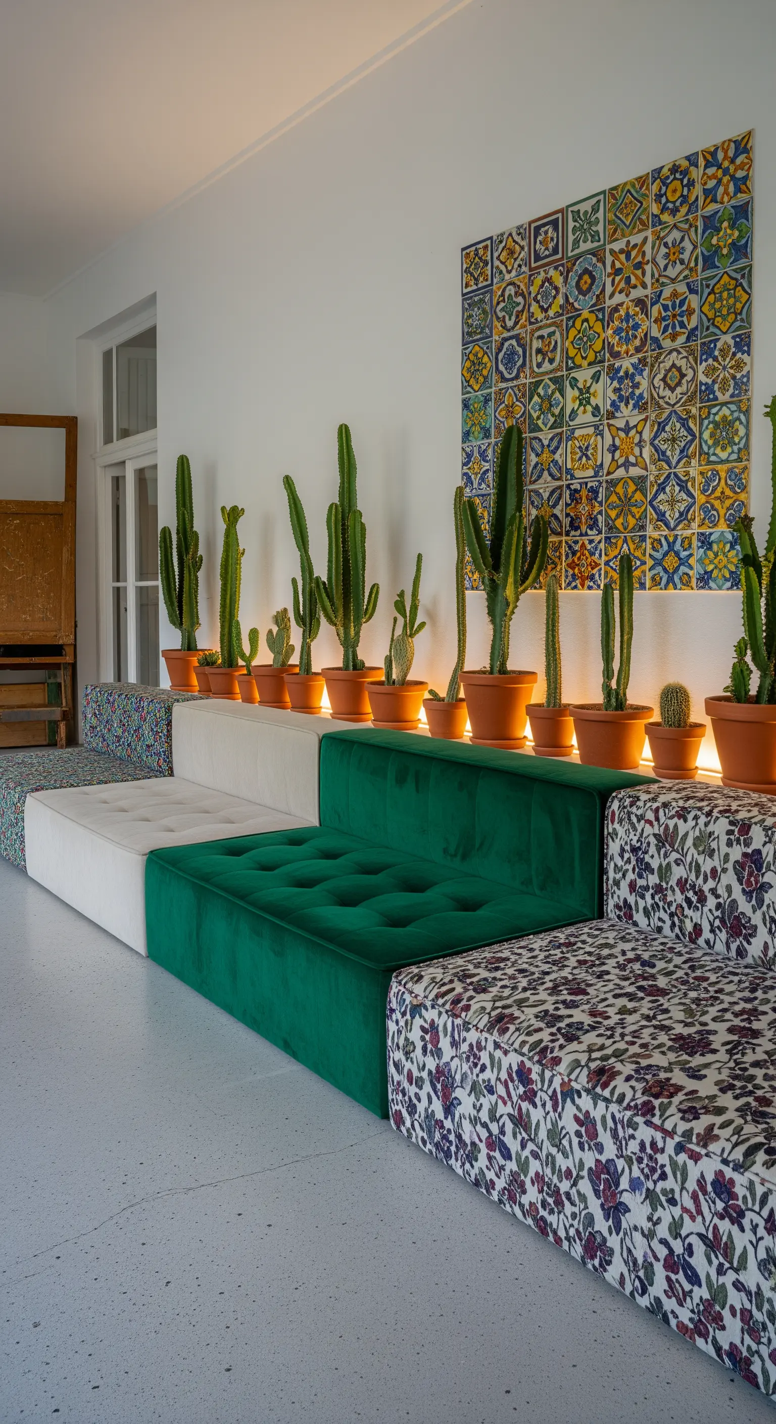 Divano modulare eclettico con blocchi di colore e pattern diversi, con cactus e maioliche sullo sfondo