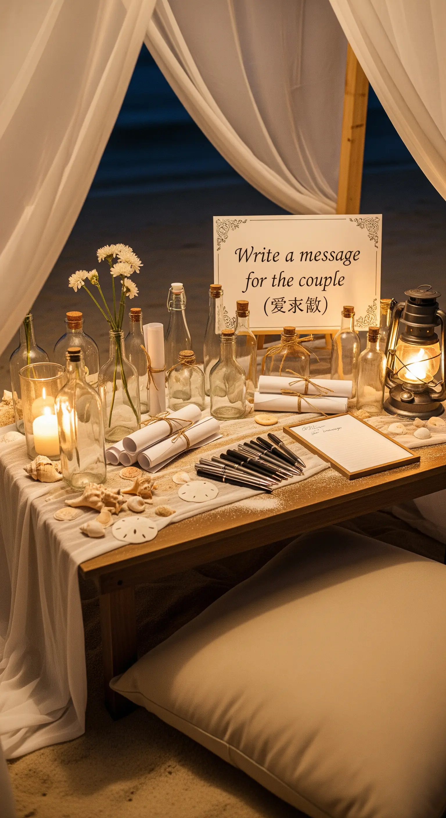 Angolo guestbook con bottiglie di vetro e pergamene per scrivere messaggi agli sposi.