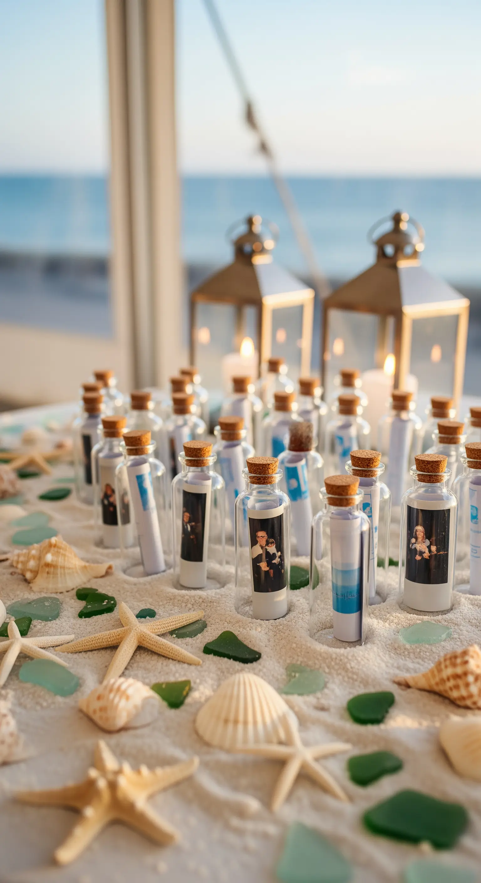 Tavolo con sabbia, stelle marine e piccole bottiglie di vetro contenenti polaroid arrotolate.