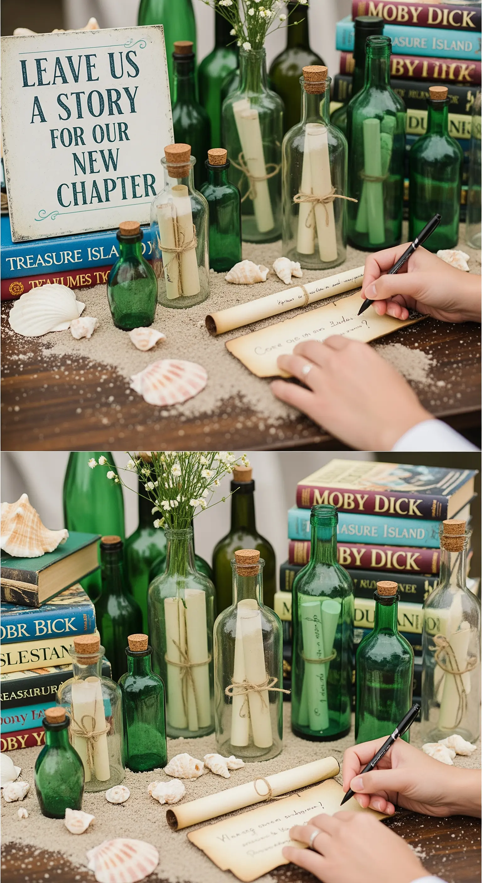 Guestbook alternativo con messaggi in bottiglia su un tavolo con sabbia e libri.