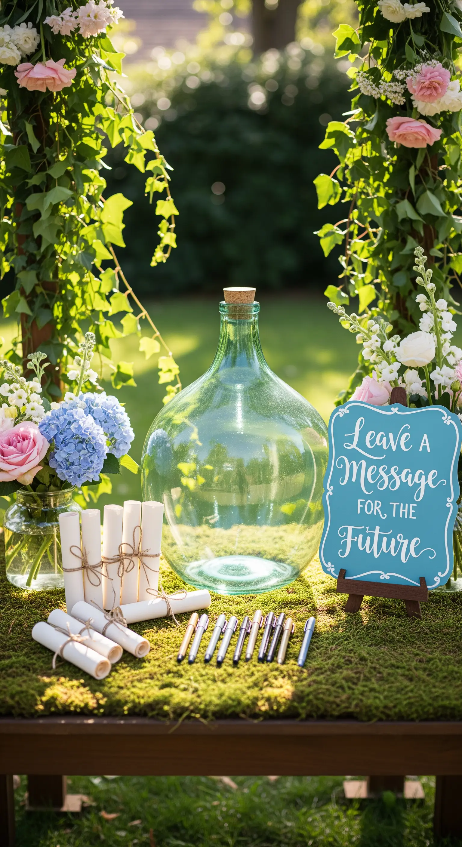 Guestbook a tema 'messaggio in bottiglia' con pergamene e una damigiana