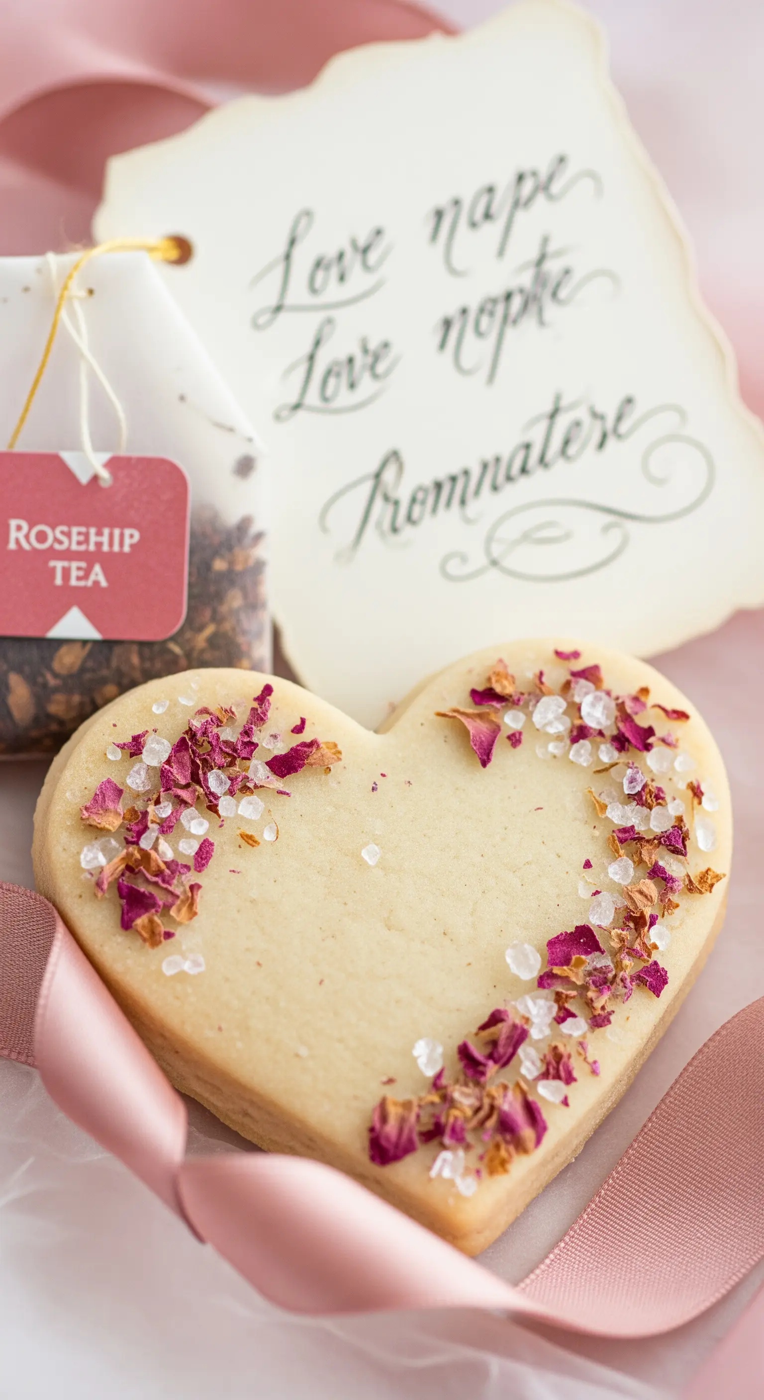 Biscotto a forma di cuore decorato con petali di rosa e un biglietto calligrafico.