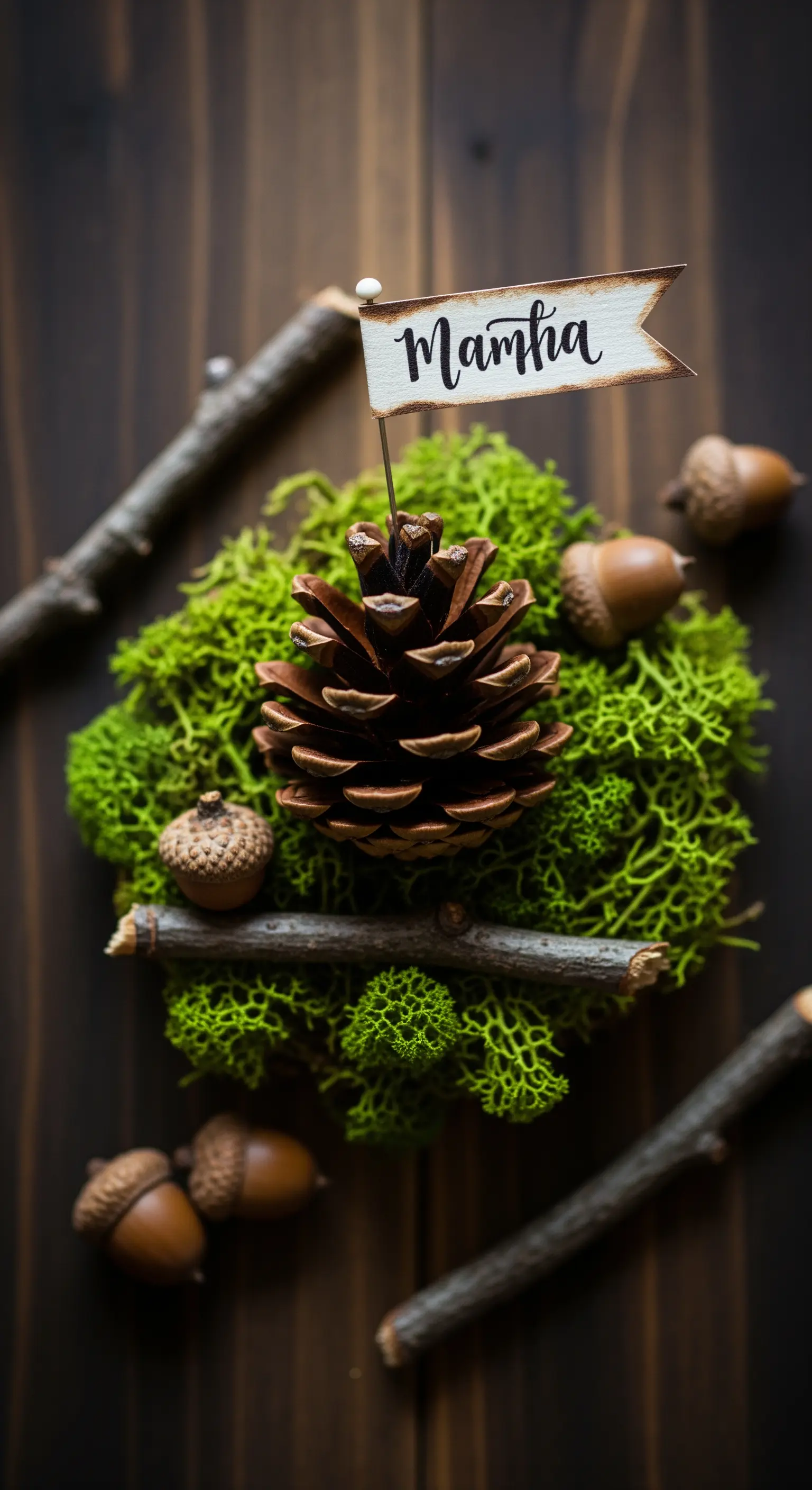 Pigna su un letto di muschio che sorregge una bandierina con un nome.