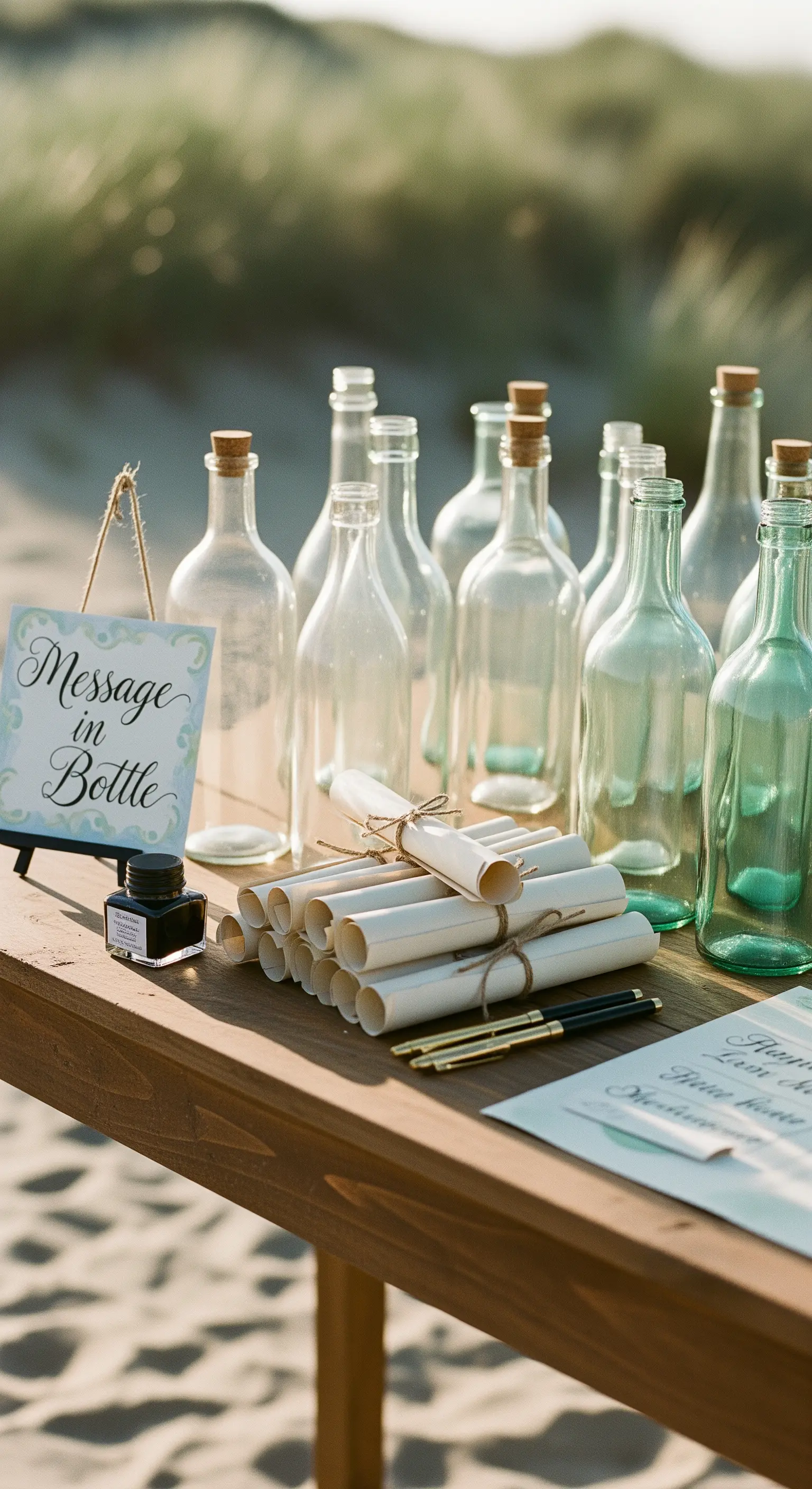 Stazione creativa con bottiglie di vetro, pergamene e penne per messaggi degli ospiti