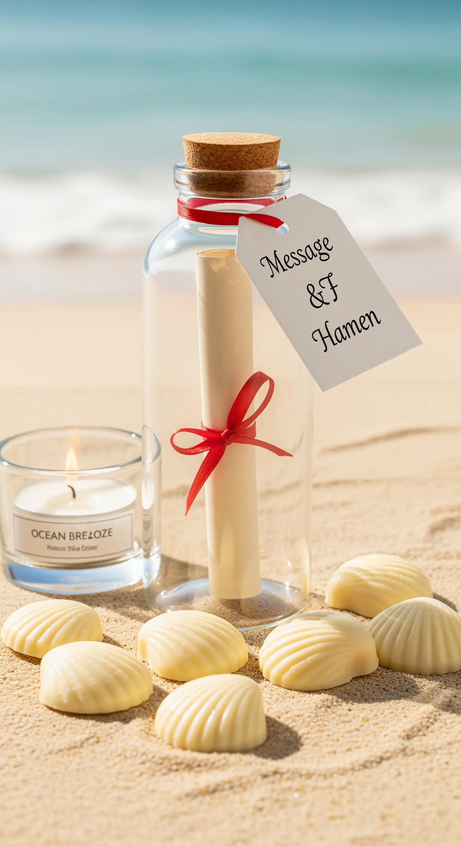 Messaggio in bottiglia sulla sabbia, con cioccolatini a forma di conchiglia e una candela.