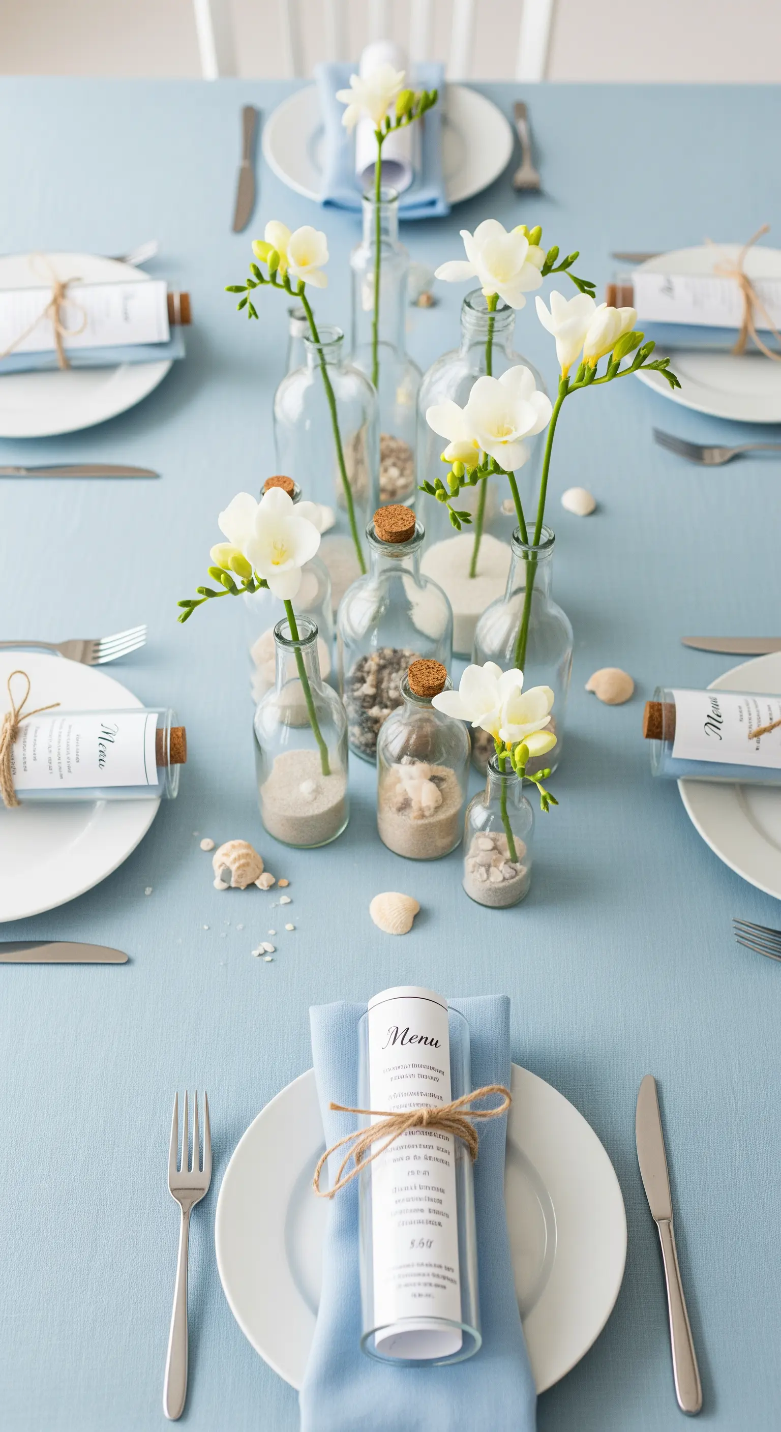 Menù arrotolati in bottiglie di vetro come segnaposto; centrotavola con bottiglie e fiori.