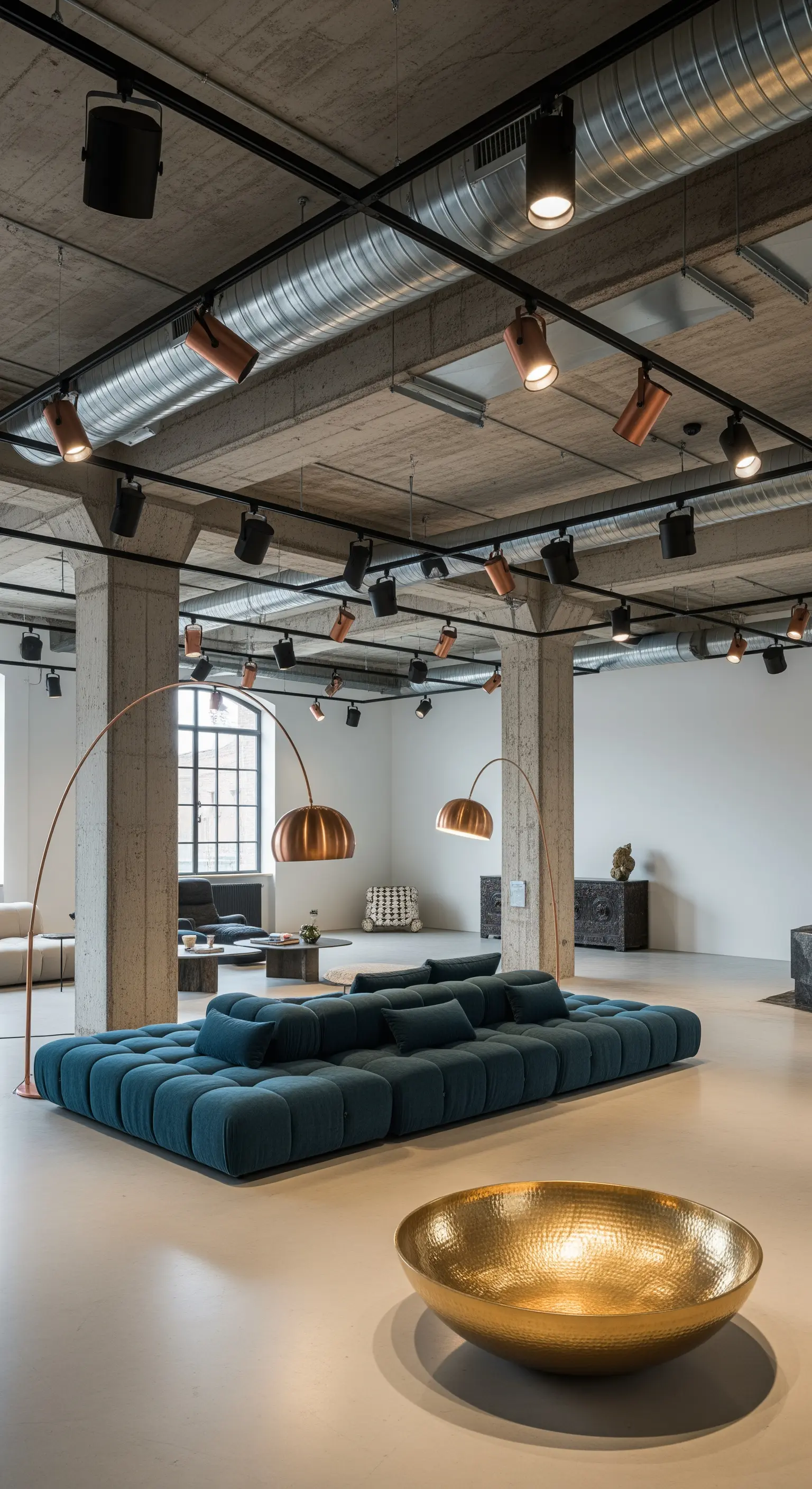 Loft industriale con divano blu, lampade ad arco in rame e grande ciotola dorata.