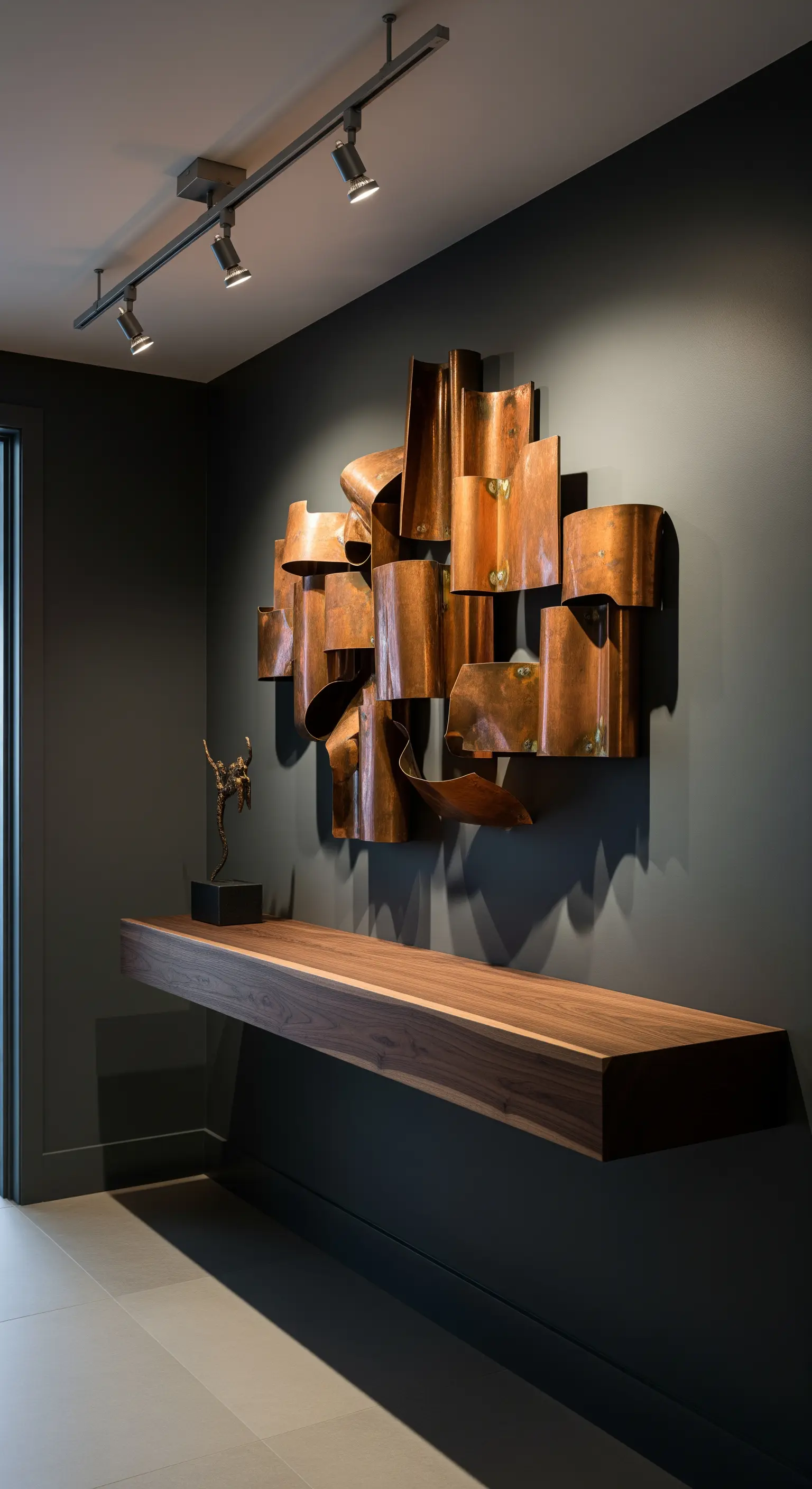 Parete grigio scuro con scultura in rame e mensola in legno illuminata da faretti.