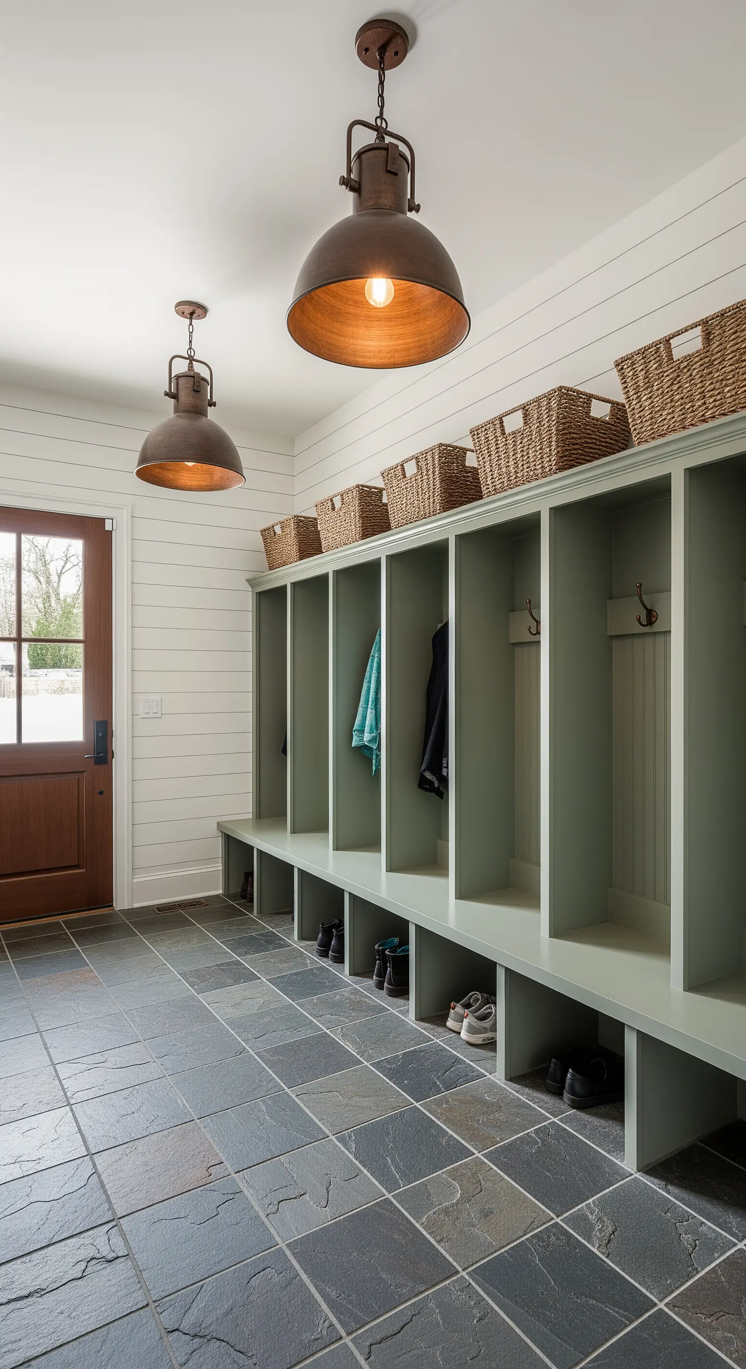 Ingresso funzionale con armadietti verdi, pavimento in ardesia e lampade industriali effetto ruggine.