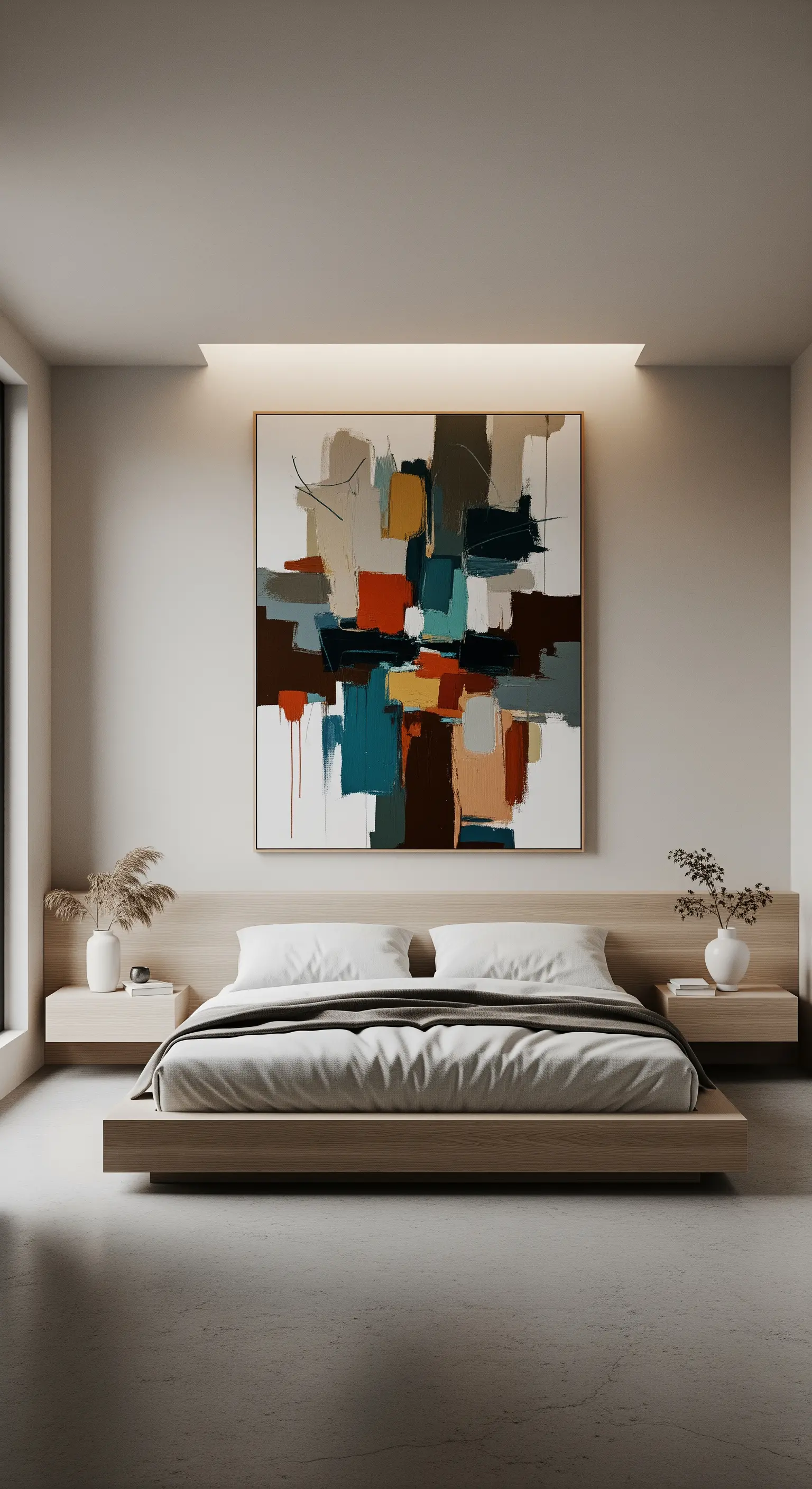 Grande quadro astratto sopra il letto, illuminato da una fessura di luce a LED nel soffitto.