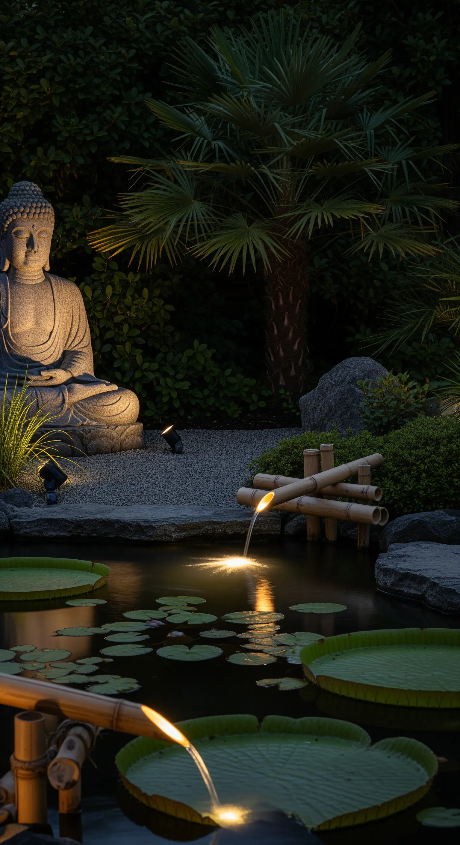 Statua di Buddha in un giardino zen con un faretto che illumina una piccola cascata di bambù.
