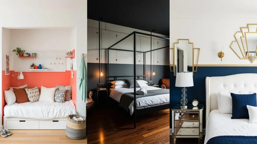 Collage di tre camere da letto di stili diversi con la parete dipinta a metà altezza in corallo, grigio e blu.