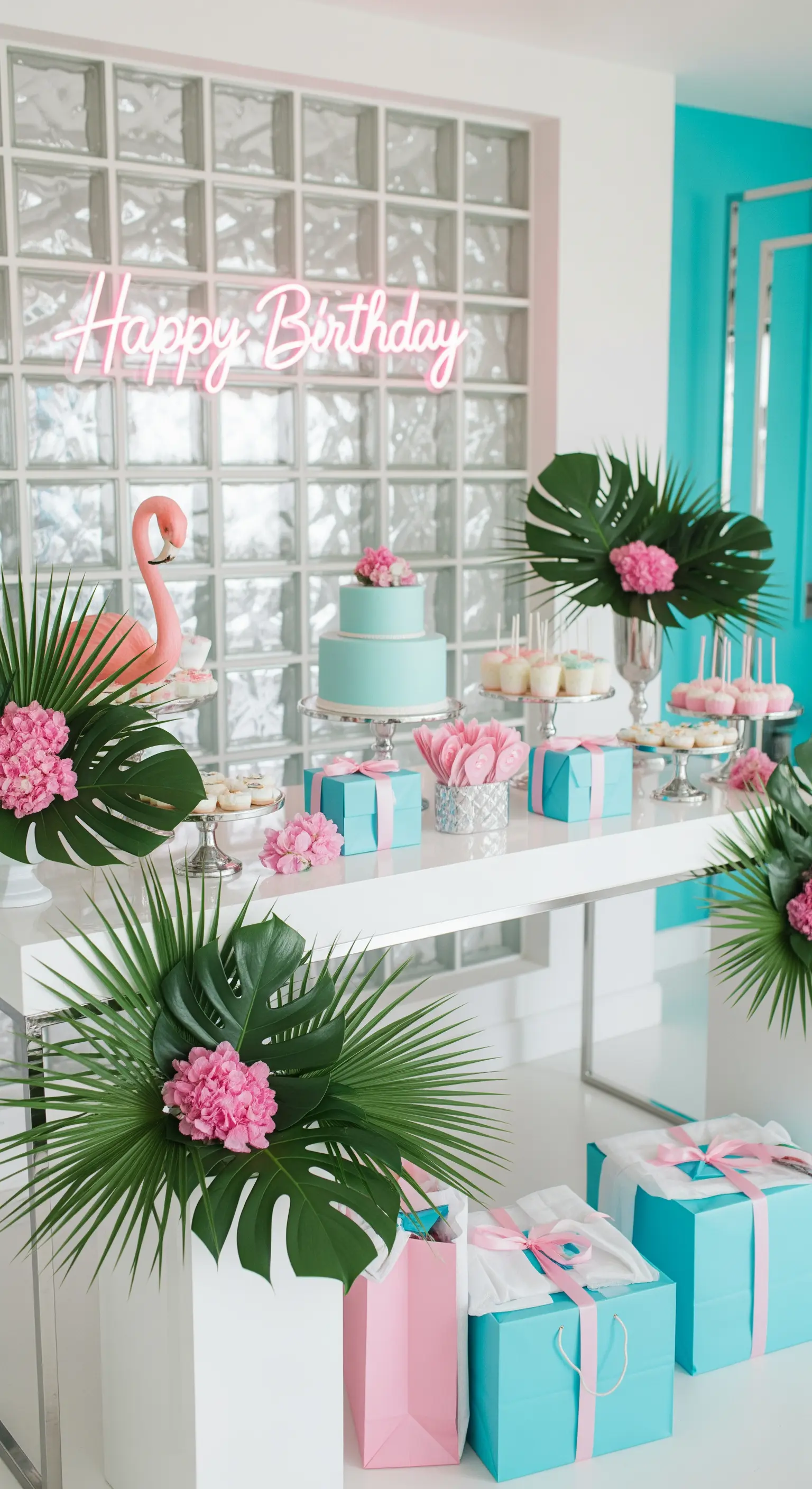 Buffet di compleanno in stile Miami con insegna al neon rosa, torta turchese e foglie di palma.
