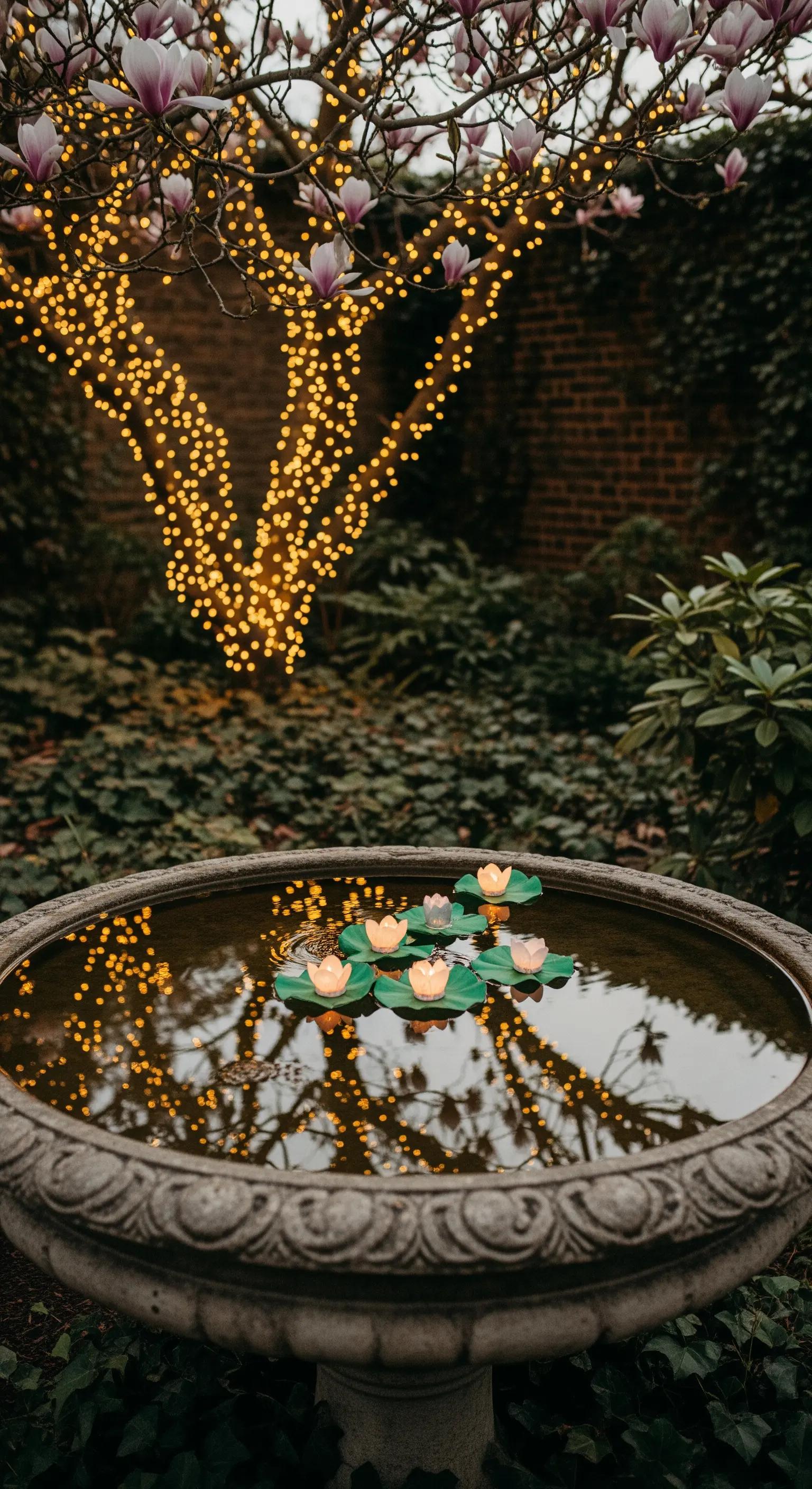 Vasca per uccelli in pietra con fiori luminosi galleggianti e un albero avvolto di luci.