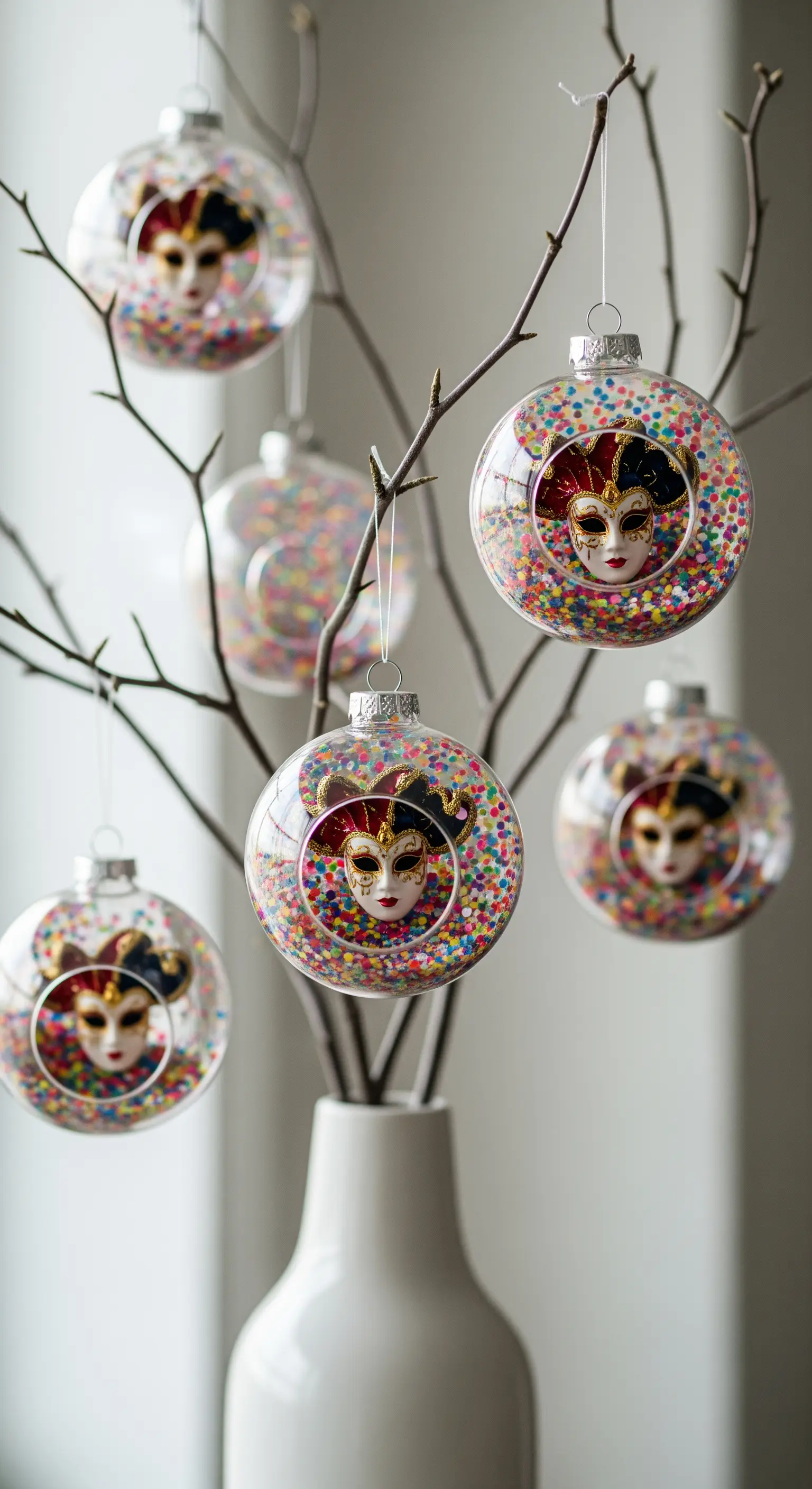 Palline di vetro trasparenti con dentro mini maschere e coriandoli, appese a rami.