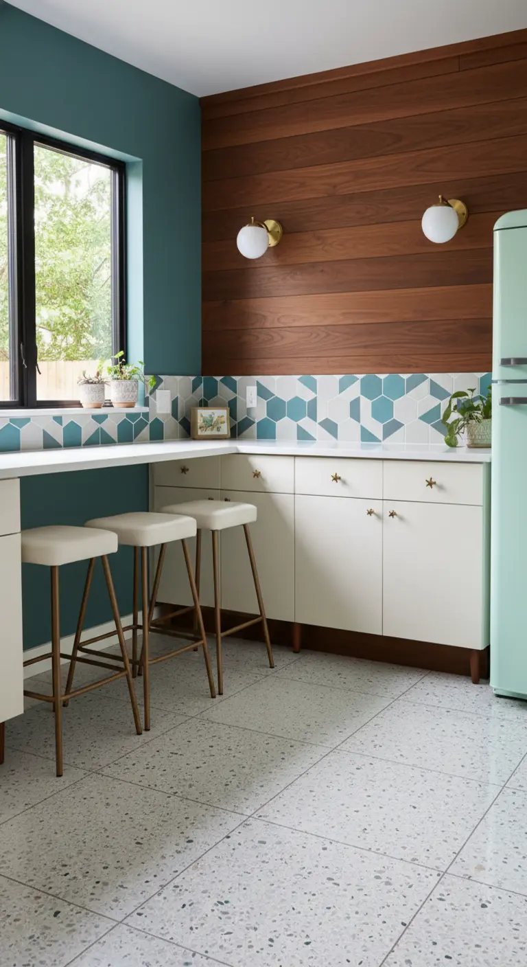 Cucina in stile mid-century con parete verde acqua, pannelli in legno e piastrelle geometriche.