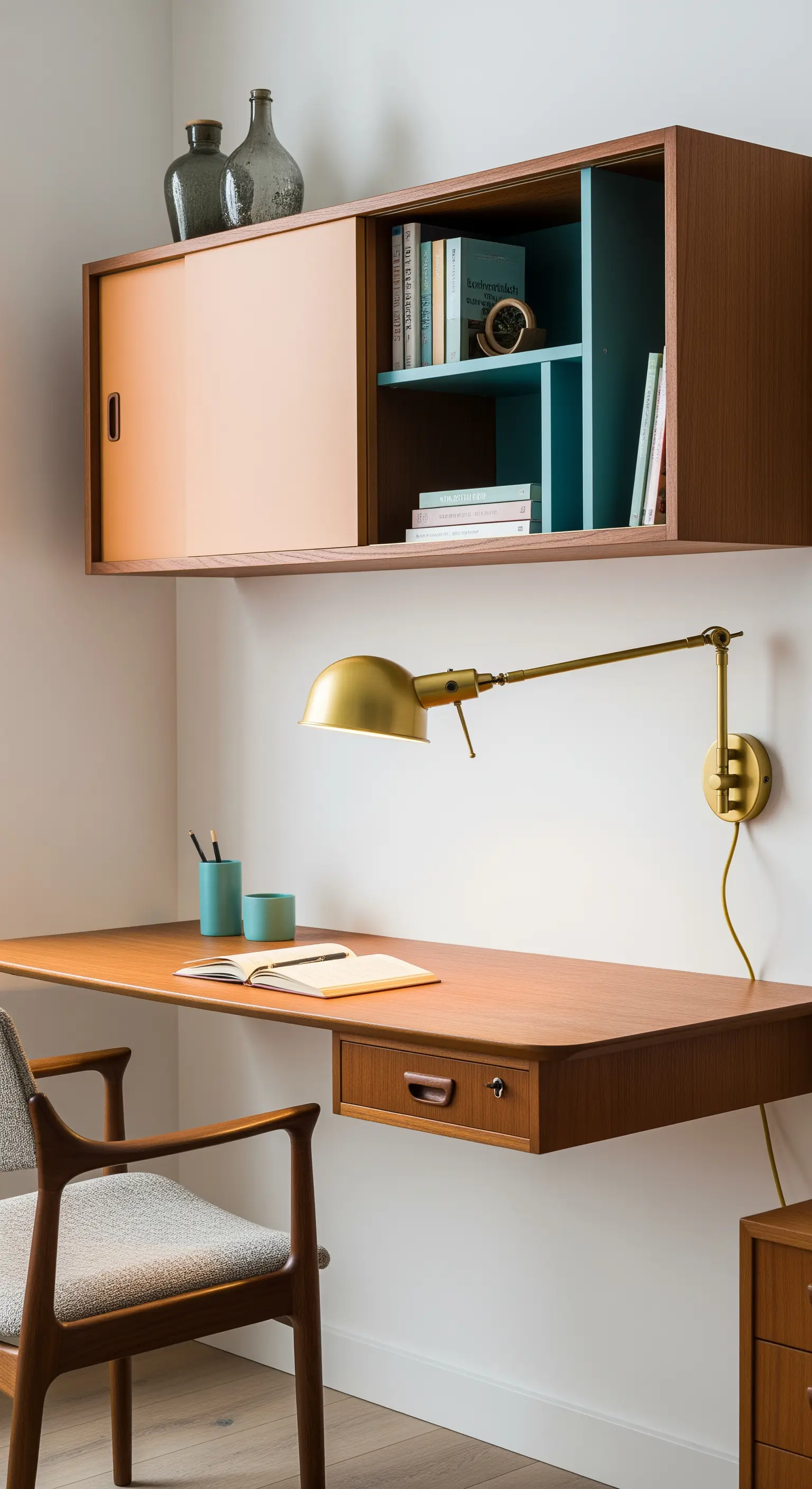 Angolo studio Mid-Century con scrivania sospesa in teak e libreria con ante scorrevoli.