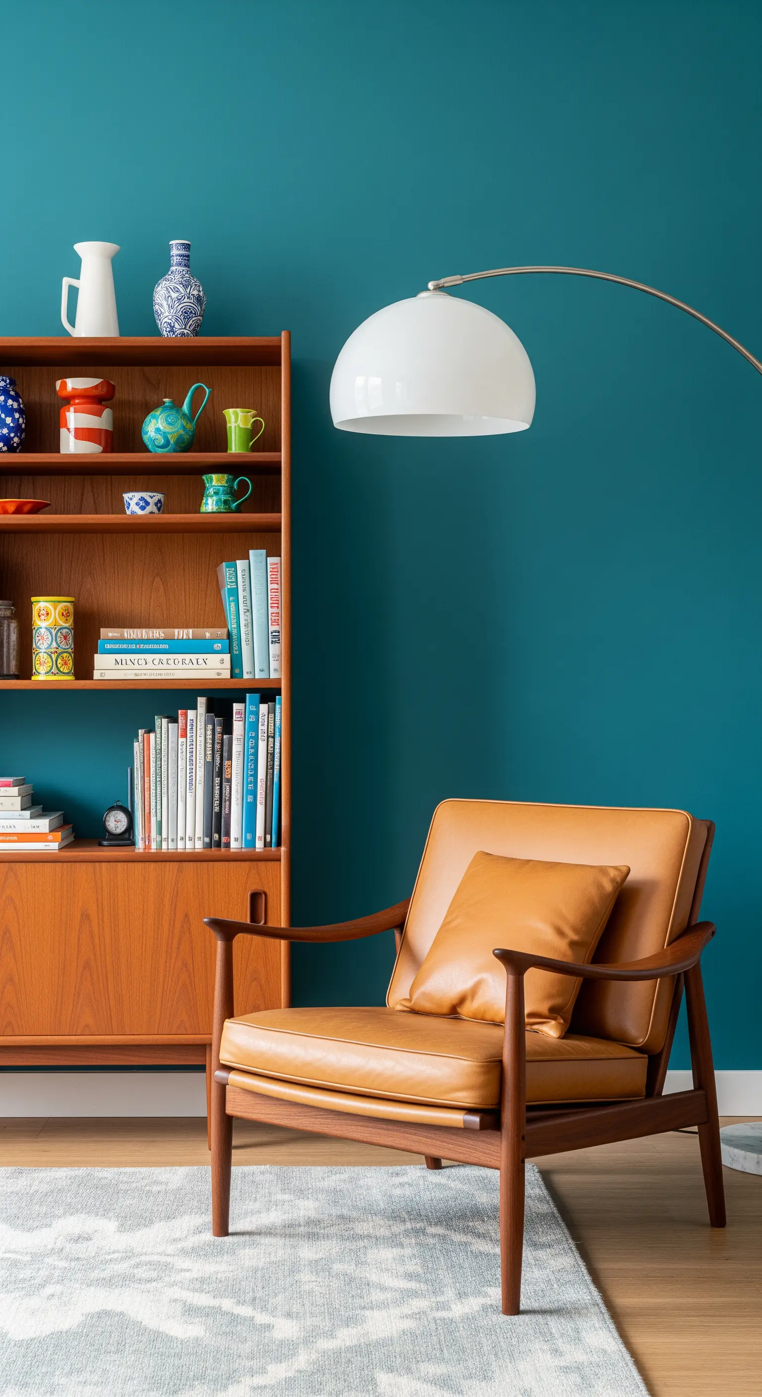 Poltrona in pelle e legno stile Mid-Century contro una parete color ottanio.