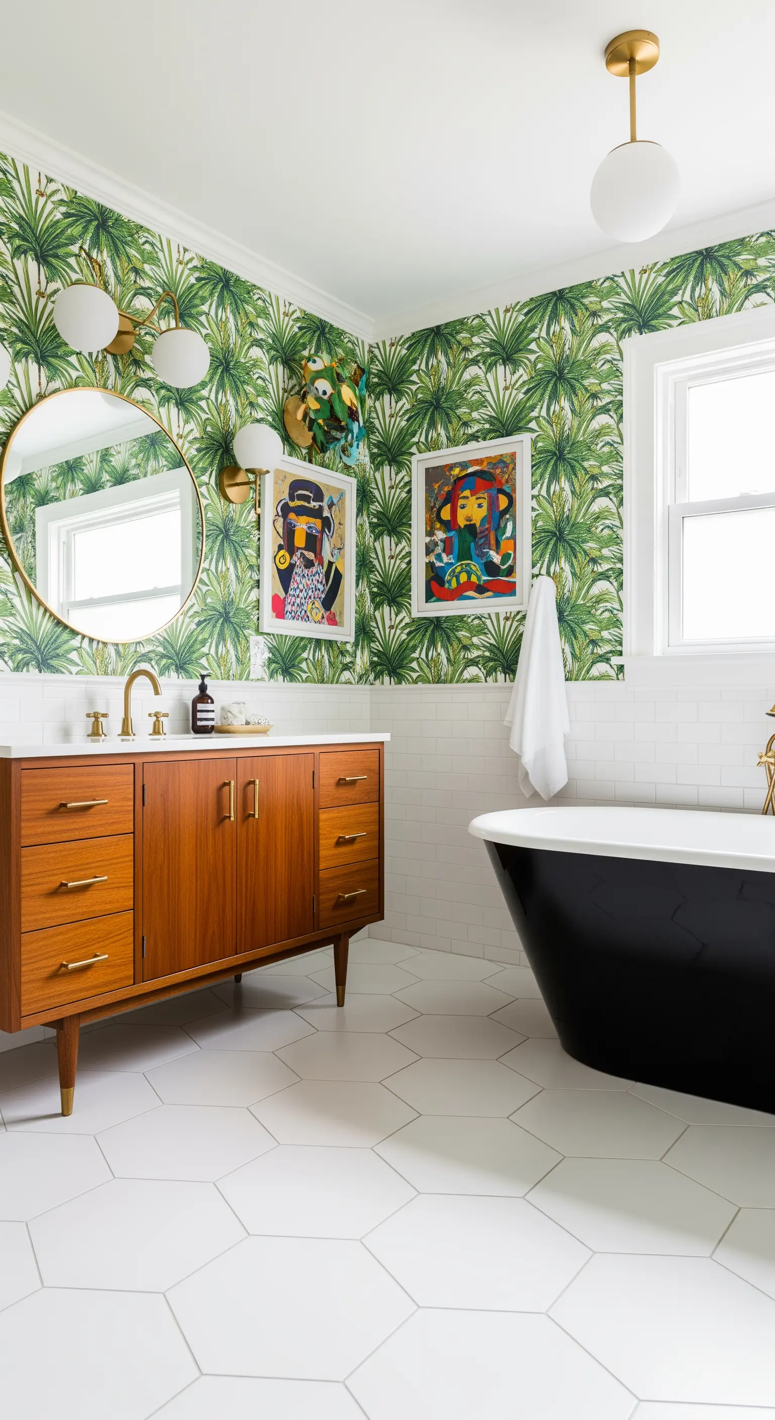 Bagno eclettico con mobile mid-century, carta da parati a foglie e vasca nera.